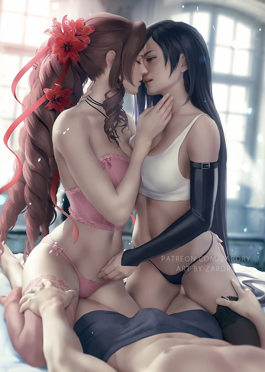 1boy 2girls 3some aerith_gainsborough bisexual bisexual_(female) black_panties breast_to_breast busty cloud_strife erection_under_clothes faceless_male female ffm ffm_threesome final_fantasy final_fantasy_vii final_fantasy_vii_remake flower_in_hair imminent_kiss light-skinned_female light_skin lingerie long_hair mff mff_threesome ot3 panties pink_lingerie pink_panties polyamory realistic red_flower smooth_skin sports_bra thighhighs threesome throuple tifa_lockhart toned underwear zarory