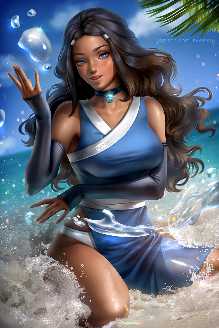 1girls, avatar the last airbender, ayyasap, beach, bending, black hair, blue eyes, breasts, clothing, collar, female, female only, katara, large breasts, nickelodeon, solo, straight hair, tagme, water