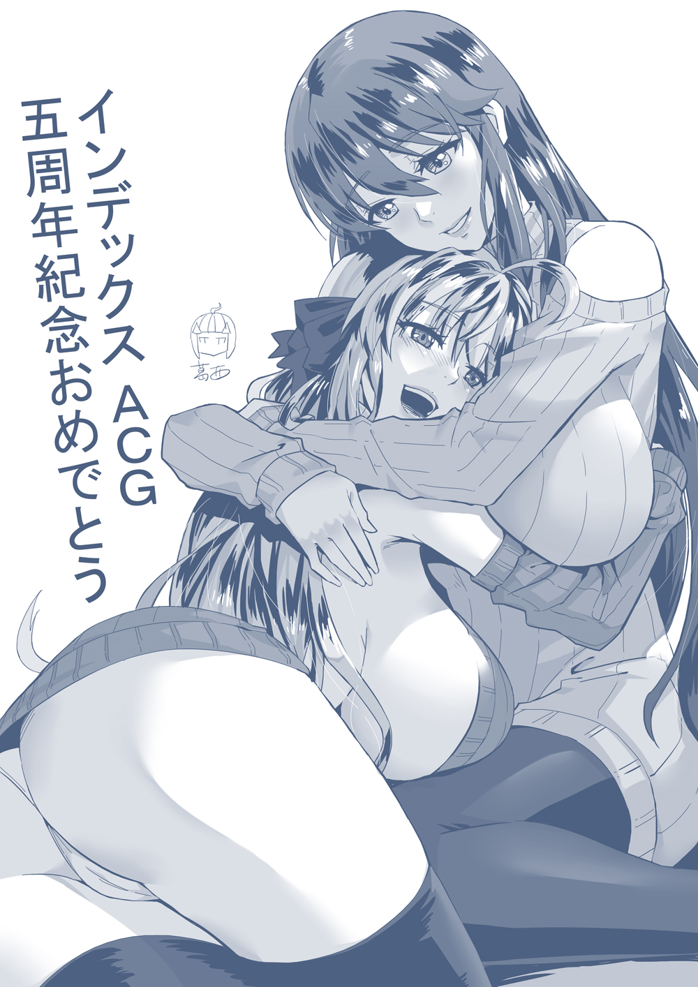 2girls ahoge ass bangs bare_shoulders blue_theme breasts clothing_cutout dress female ge_xi hair_between_eyes hair_ribbon highres hug huge_breasts long_hair monochrome multiple_girls open_mouth original panties pantyhose qin_xiang_(ge_xi) ribbed_sweater ribbon shoulder_cutout sideboob smile sweater sweater_dress thighhighs thighs translation_request underwear