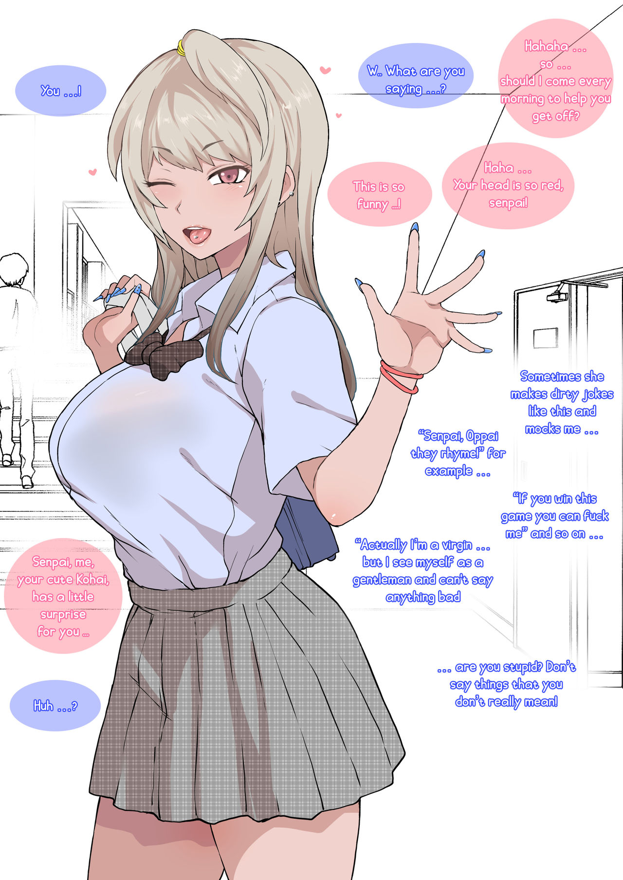 1girls, blonde hair, english text, female, fringe, fuck me (text), gyaru, kurotsuki ray, netorare, original, original character, original characters, petite, pink eyes, profanity, school uniform, schoolgirl, side ponytail, skirt, solo, terasu mc, white hair