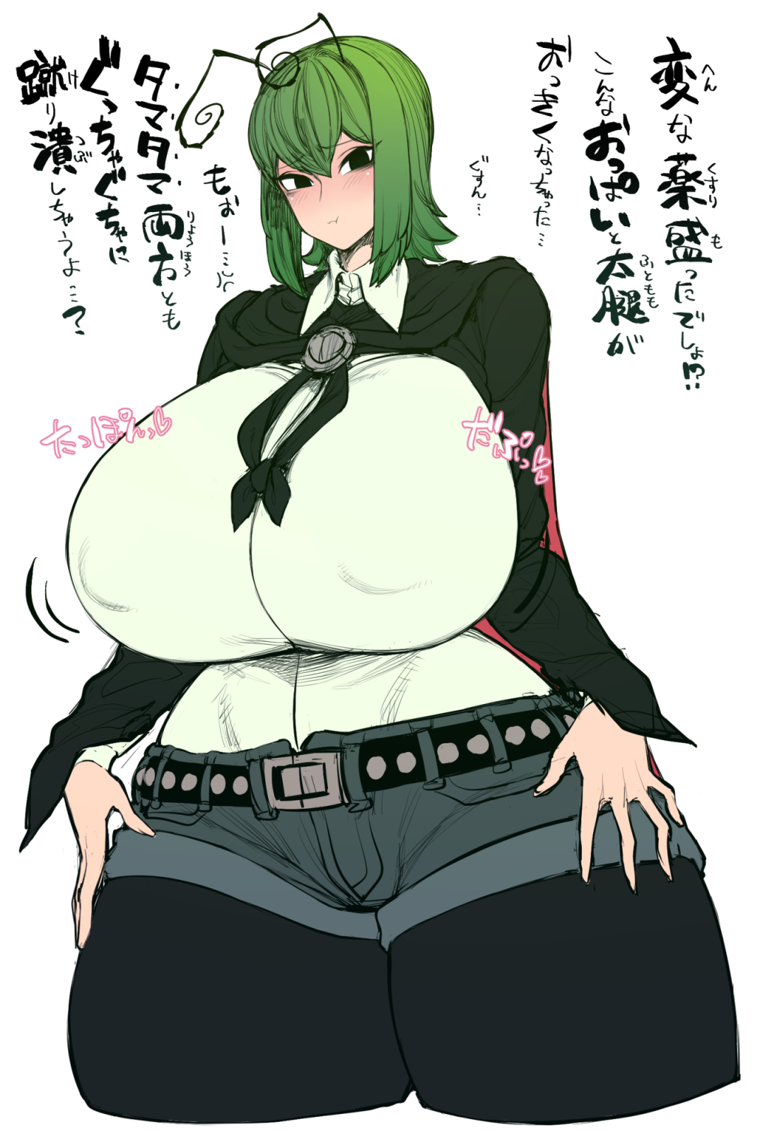 1girls, aged up, belt, blush, breasts, clothing, collared shirt, curvaceous, denim shorts, female, green hair, hourglass figure, huge breasts, japanese text, legwear, pout, short shorts, solo, solo female, spacezin, tagme, thick thighs, touhou, wide hips, wriggle nightbug
