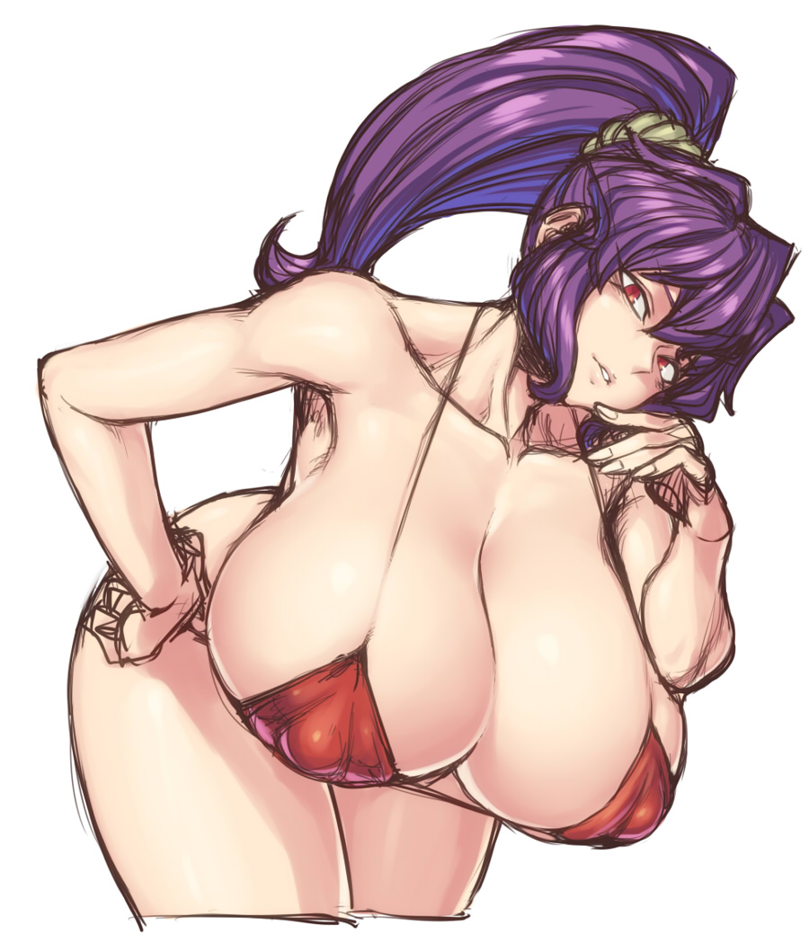 bikini huge_breasts kanako_yasaka looking_at_viewer red_eyes spacezin tagme touhou white_background wide_hips