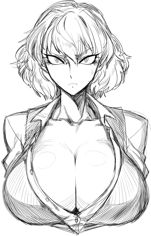1girls, breasts, cleavage, female, glaring, glaring at viewer, huge breasts, monochrome, short hair, spacezin, tagme, touhou, unbuttoned shirt, upper body, yuka kazami