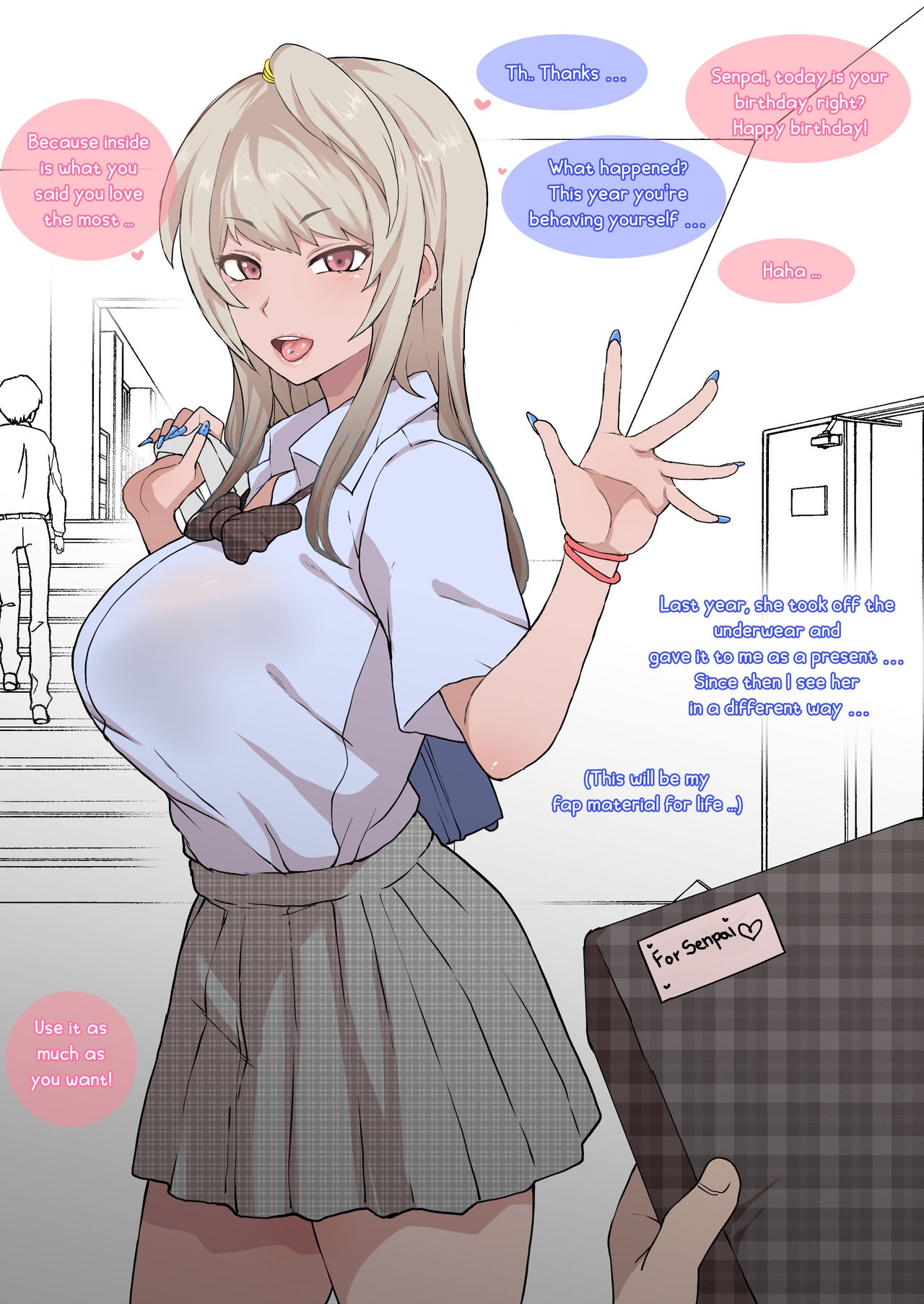 1girls, blonde hair, english text, female, fringe, gyaru, kurotsuki ray, netorare, original, original character, original characters, petite, pink eyes, school uniform, schoolgirl, side ponytail, skirt, terasu mc, white hair