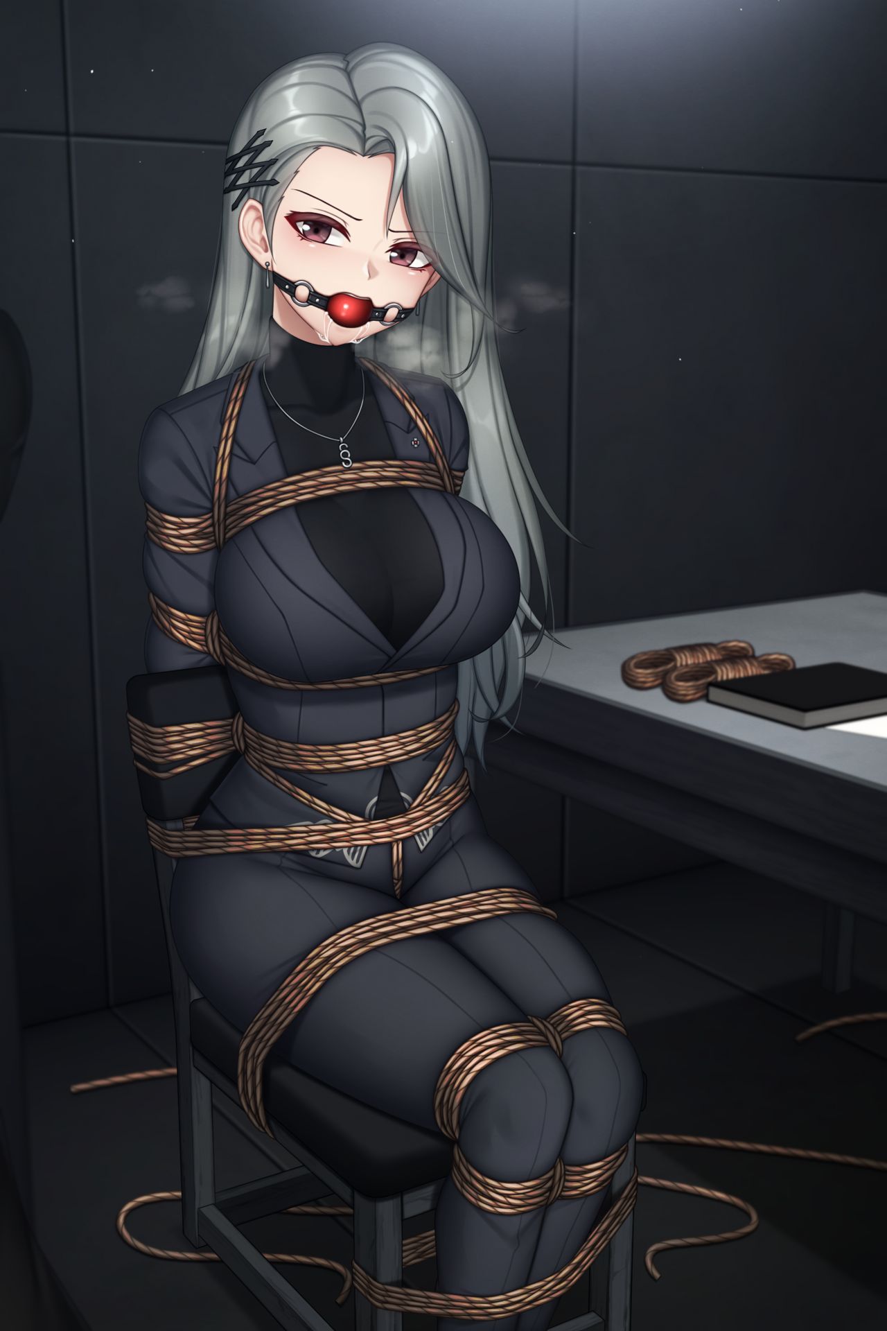1girls, angry face, ball gag, big breasts, bondage, bound, breasts, brown eyes, business suit, crotch rope, female, female only, gag, gagged, grey hair, hairclip, legs tied, legs together, looking away, necklace, persona, persona 5, plusout, sae niijima, solo, solo female, tied to chair