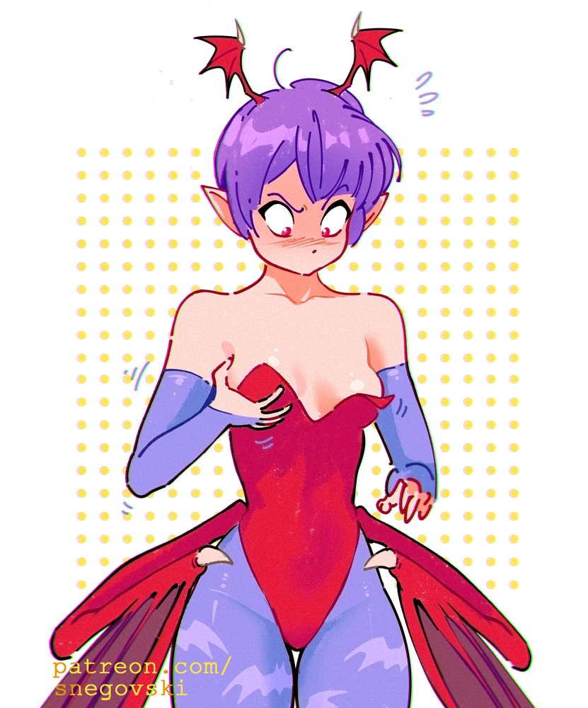 1girls, breasts, capcom, clothing, darkstalkers, demon, female, flat chest, lilith aensland, pointy ears, purple hair, red eyes, short hair, small breasts, snegovski, solo, succubus, tagme, very short hair