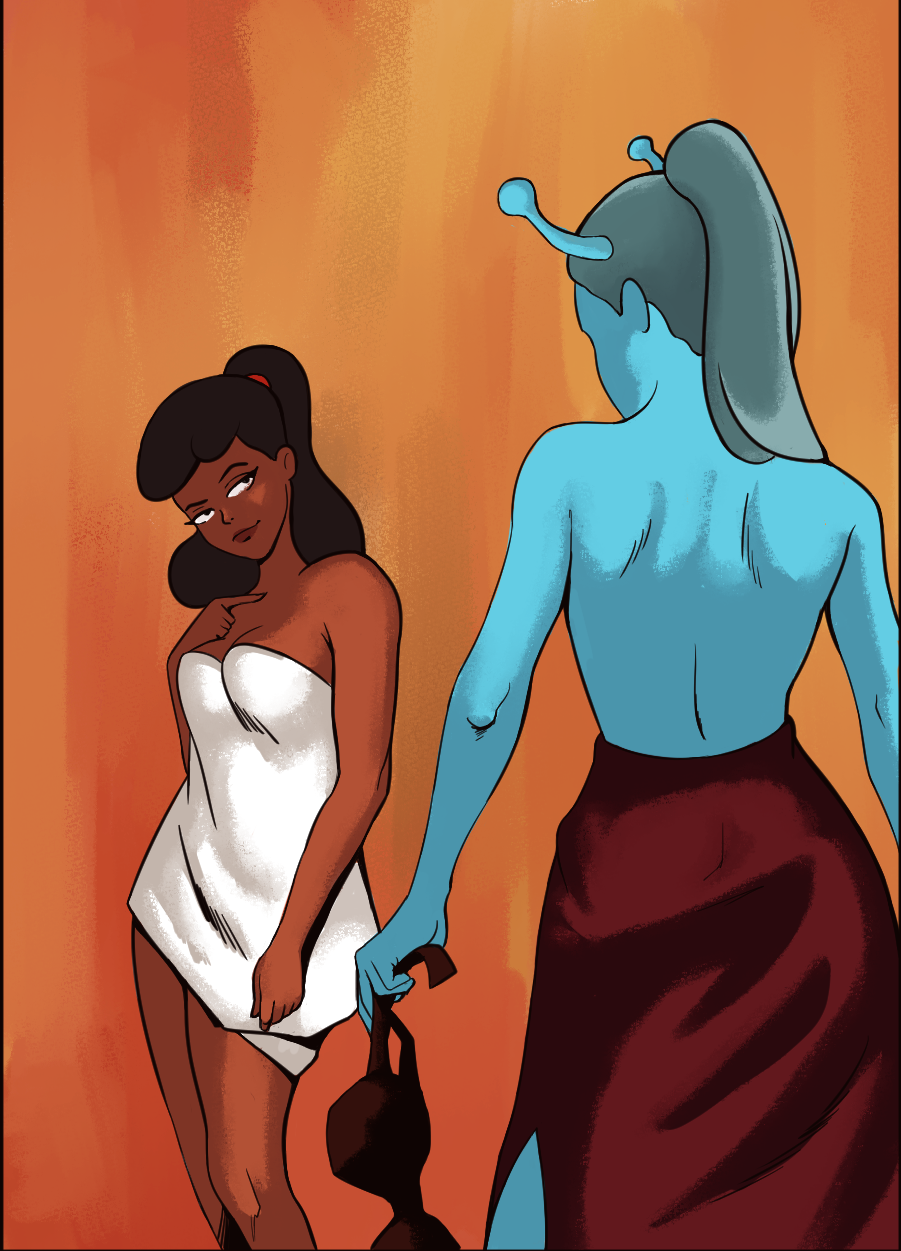 alien andorian_(species) antennae_(anatomy) back_view beckett_mariner blue_skin bra brown_hair canon_couple clothing couple dark_skin duo female grey_hair human humanoid jennifer_sh'reyan ponytail red_hairband star_trek star_trek_lower_decks topless towel unknown_artist yuri