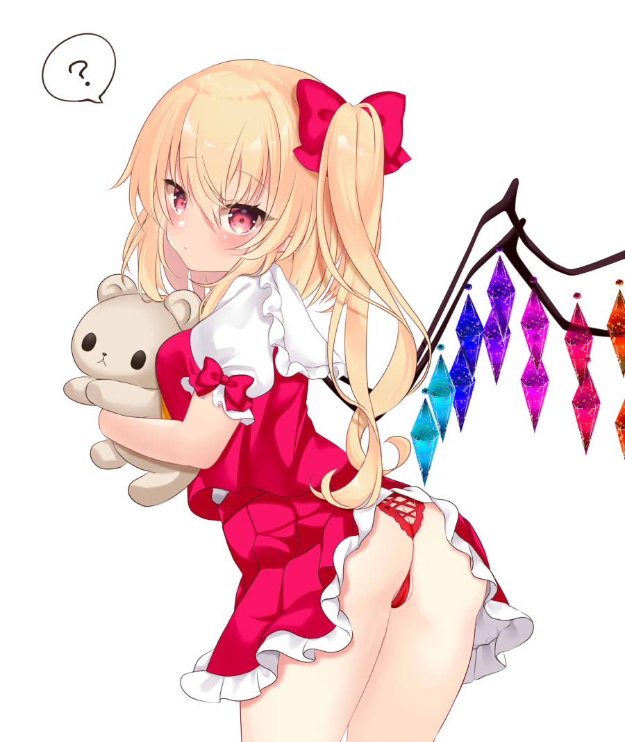 ? animal_ears arms_up ascot ass bangs bear_ears black_eyes blonde_hair blush bow breasts closed_mouth collared_shirt commentary_request crystal eyebrows_visible_through_hair eyelashes eyes_visible_through_hair female female flandre_scarlet frills hair_between_eyes hairbow hand_up hands_up hug jewelry looking_at_viewer looking_to_the_side medium_breasts multicolored_wings no_hat no_headwear one_side_up panties pink_bow pink_eyes pink_skirt pink_vest plushie puffy_short_sleeves puffy_sleeves red_panties shirt short_hair short_sleeves simple_background skirt solo speech_bubble standing stuffed_animal stuffed_toy teddy_bear tosakaoil touhou underwear vest white_background white_shirt wings yellow_ascot