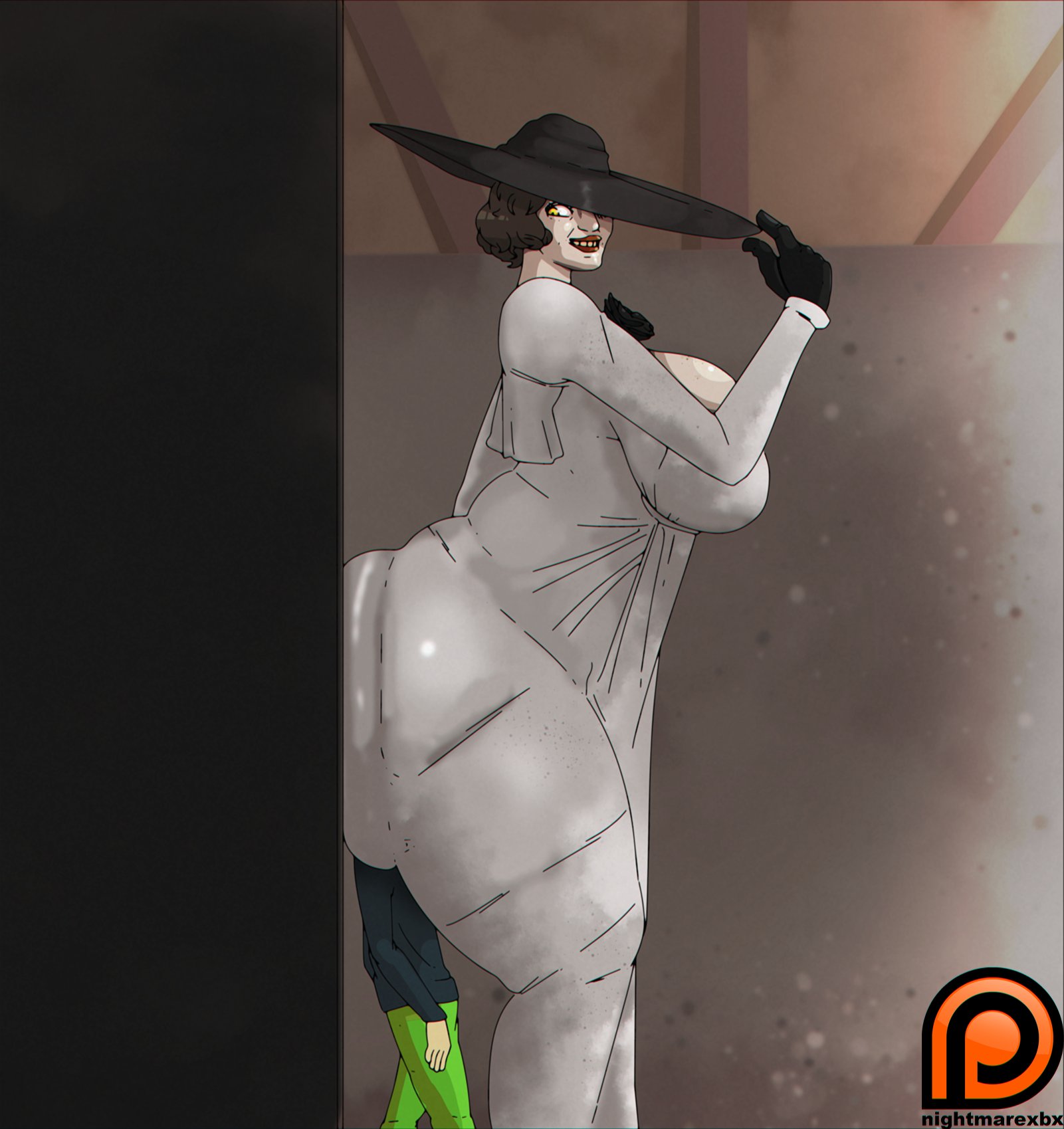 1boy, 1girls, against wall, alcina dimitrescu, ass, ass in dress, ass on face, big ass, big breasts, big butt, black hair, black hat, black shirt, bottom heavy, breasts, bubble ass, bubble butt, butt crush, curvy, dominant, dominant female, domination, dress, evil eyes, evil smile, face in ass, facesitting, female, femdom, giant, giant ass, giant breasts, giantess, gigantic ass, gigantic butt, green pants, hat, huge ass, huge breasts, huge butt, huge thighs, large ass, large breasts, large female, light skin, light-skinned female, lipstick, male, massive ass, massive breasts, massive butt, milf, mini giantess, monster girl, nightmarexbx, orange eyes, pale skin, pale-skinned female, red lipstick, resident evil, resident evil 8: village, size difference, smile, smiling, squatting, straight, thick ass, thick thighs, thighs, voluptuous, white dress, wide hips