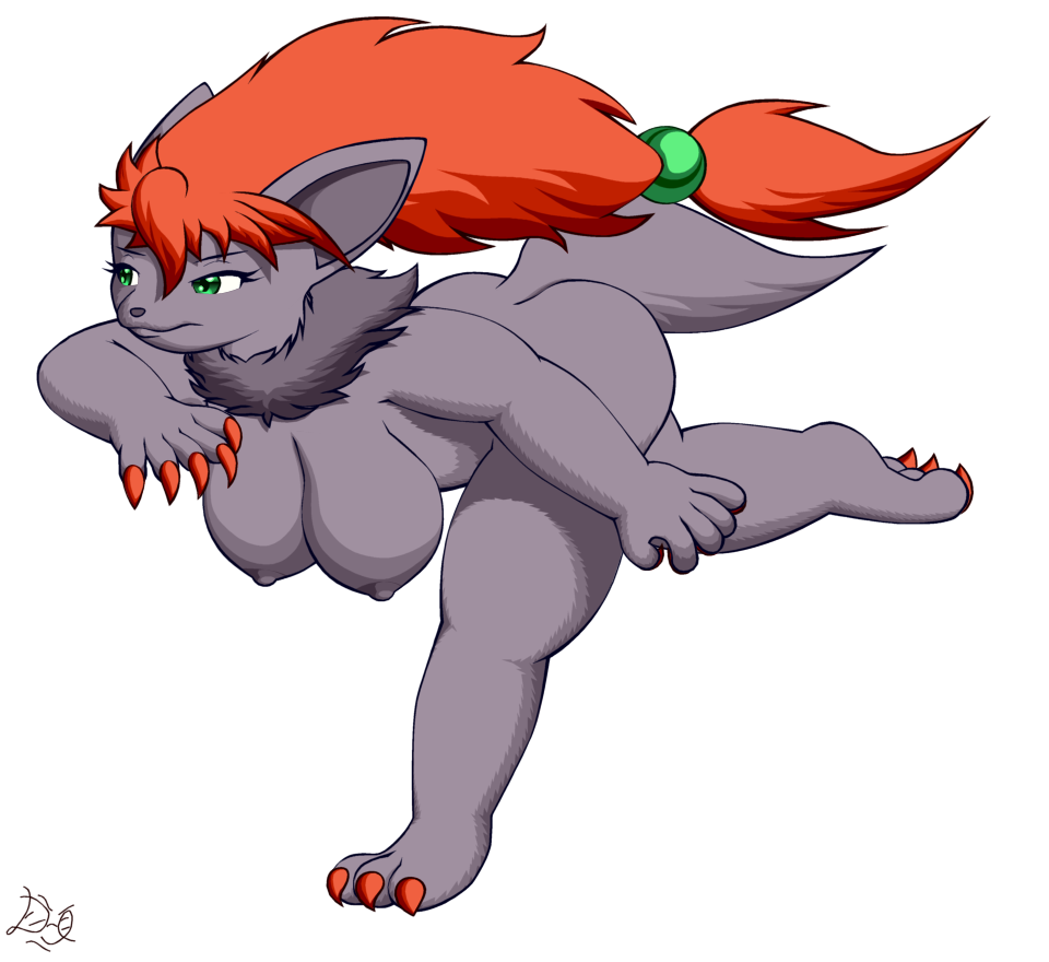 3_toes 5_fingers anthro ass bent_over black_body black_fur breasts claws feet female fibs fingers fur green_eyes hair hanging_breasts neck_tuft nintendo on_one_leg pokémon_(species) pokemon pokemon_(species) red_hair simple_background solo standing toes tuft video_games white_background zoroark