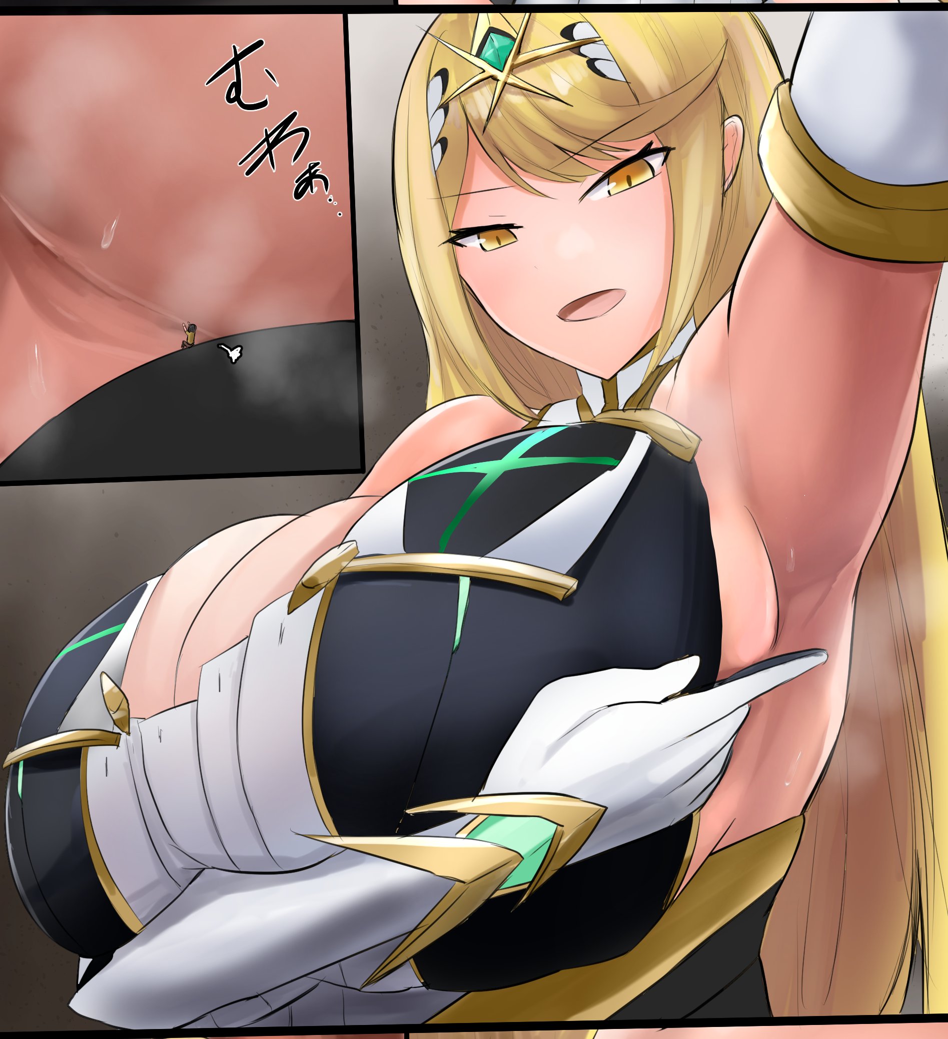 armpit, blonde hair, boob window, breasts, color, exrumya, female, femdom, giantess, golden eyes, japanese text, larger female, male, massive breasts, micro, mythra, nintendo, rex (xenoblade), sideboob, size difference, smaller male, smothering, sweat, teasing, xenoblade (series), xenoblade chronicles 2