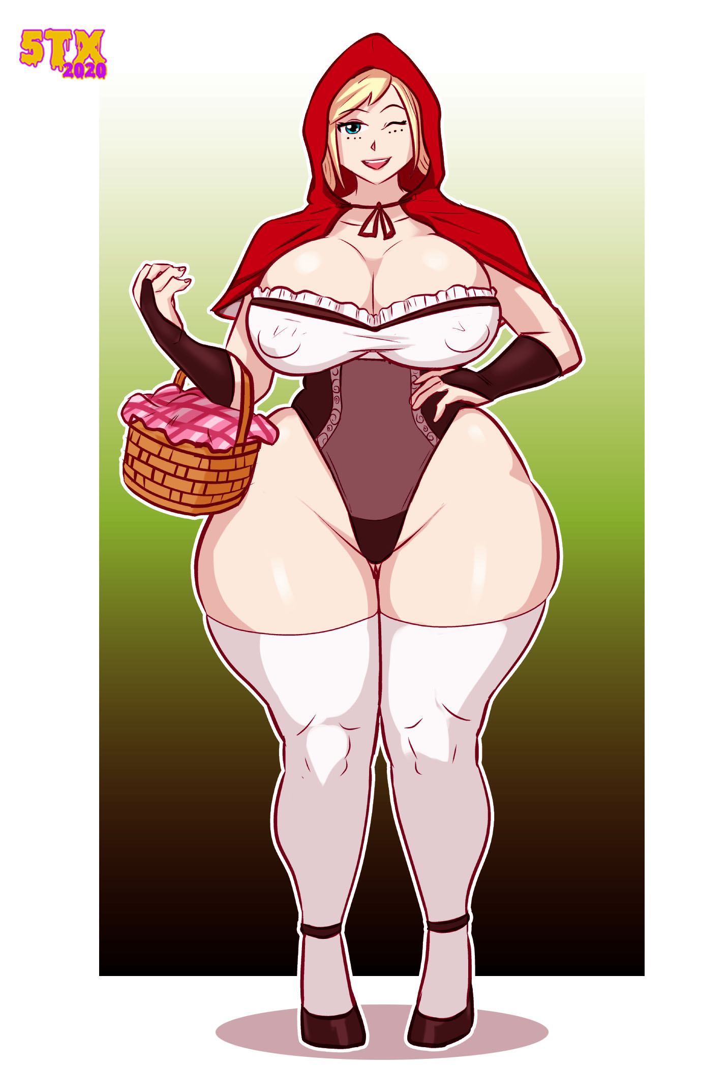 1girls, 5tarex, armwear, big breasts, big thighs, bottom heavy, breasts, enormous thighs, fat thighs, female, female focus, female only, hood, hourglass figure, huge breasts, huge thighs, large thighs, legwear, leotard, little red riding hood, long legs, massive thighs, narrow waist, nipple bulge, original, original character, slim waist, small waist, solo, standing, stockings, thick thighs, thighhighs, thighs, voluptuous, white legwear, wide hips