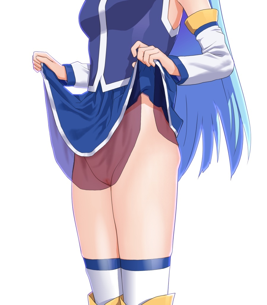 aqua_(konosuba) blue_hair cleft_of_venus clothes_lift dress dress_lift female groin kono_subarashii_sekai_ni_shukufuku_wo! lifted_by_self long_hair no_panties pussy shinobutanei02 simple_background solo thighhighs white_background white_legwear