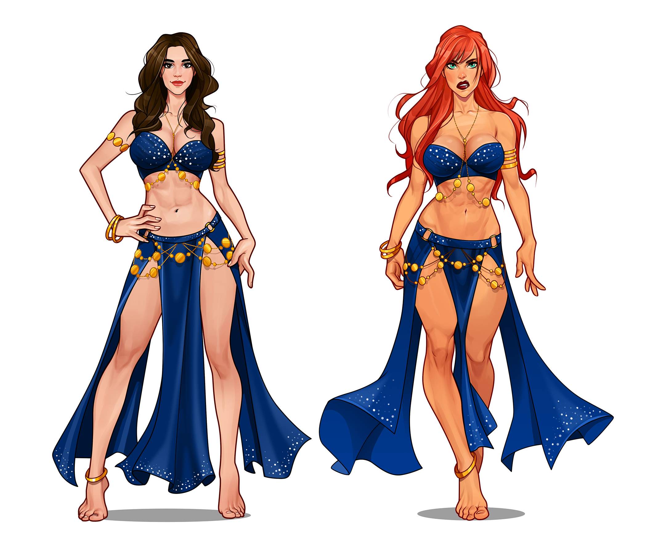 2girls, anklet, arched soles, armlet, armlets, big breasts, blue loincloth, bracelet, bracelets, breasts, chains, crossover, dc, dc comics, disgusted, female, female focus, female only, golden chains, harem outfit, loincloth, marvel, marvel comics, minko, multiple females, multiple girls, on toes, red sonja, red sonja (comics), smiling, strapless, strapless bra, tiptoes, wonder woman, wonder woman (series)