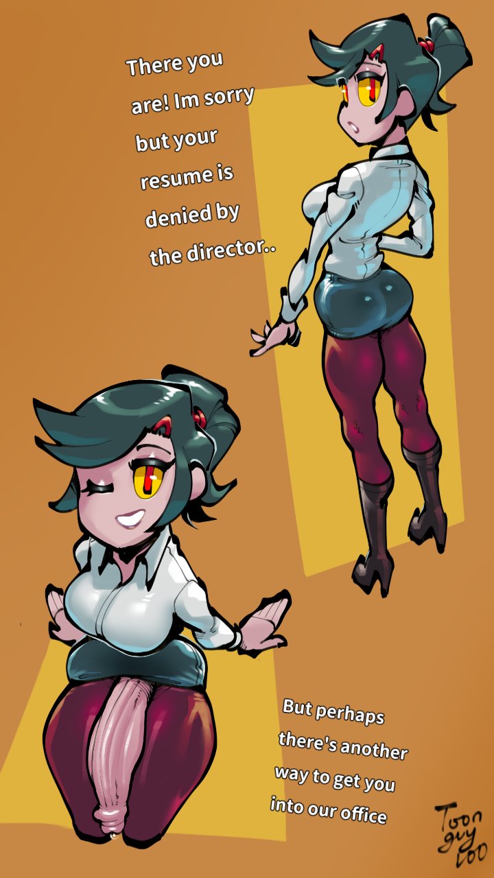 1futa, big breasts, black hair, breasts, button down shirt, caption, clothed, clothing, english text, erection, futa only, futanari, hatgirl (toonguy100), huge cock, humanoid, humanoid penis, intersex, inviting, light skin, light-skinned futa, looking at viewer, mostly clothed, office, office lady, pantyhose, pencil skirt, penis, penis out, short hair, skirt, solo, standing, thick thighs, toonguy100, wide hips, yellow sclera