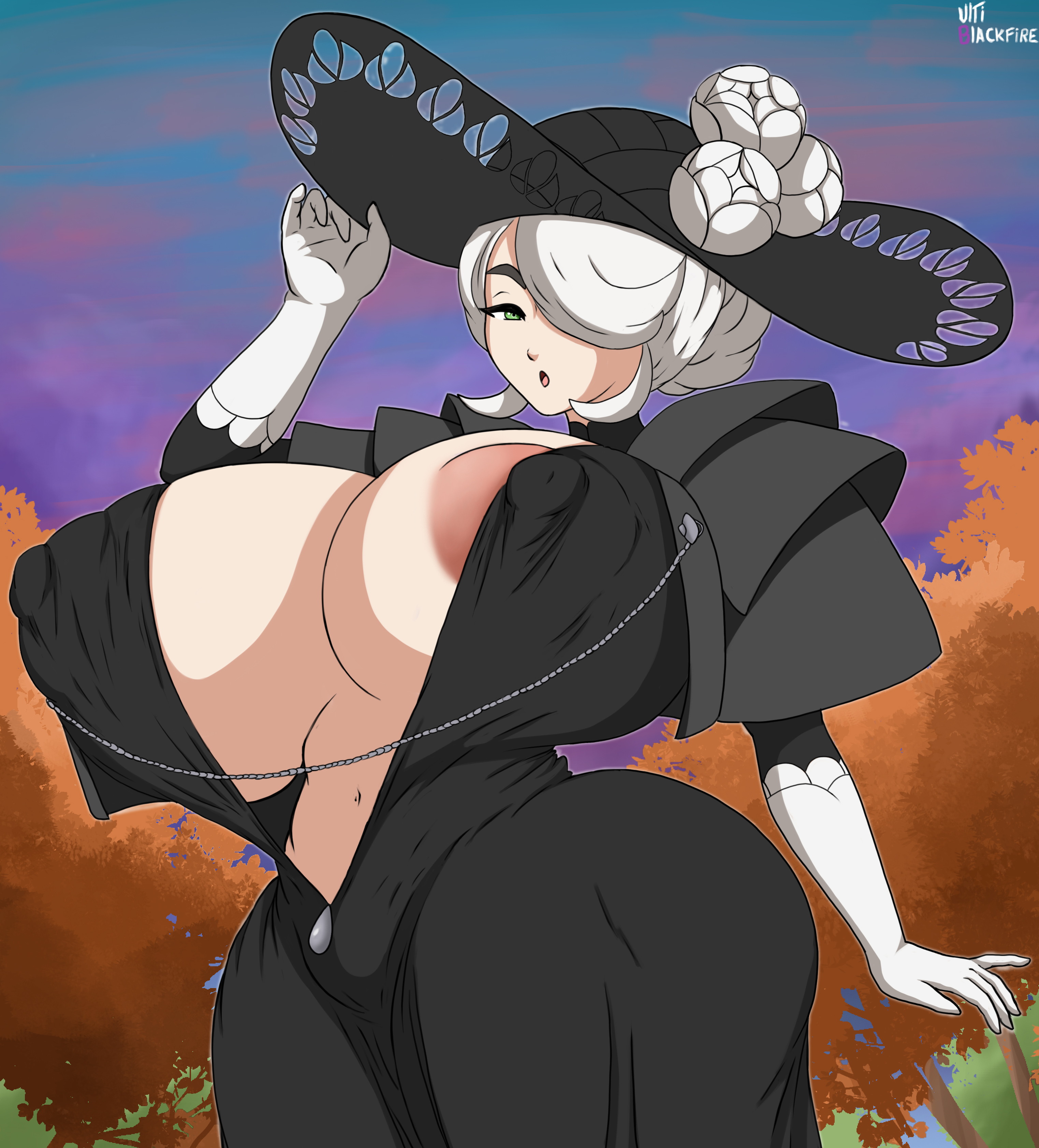 1girls, absurd res, alternate breast size, areola slip, areolae, black dress, blush, breast slip, breasts, clothing, cogita (pokemon), dress, evening, feet out of frame, female, gloves, green eyes, hair covering one eye, hat, headwear, hi res, huge breasts, large breasts, long hair, long sleeves, looking at viewer, mature, mature female, milf, naughty face, nintendo, nipple slip, nipples, outdoors, pokemon, pokemon legends: arceus, silver hair, sky, standing, sun hat, sweat, ultiblackfire, wardrobe malfunction, white gloves, white hair
