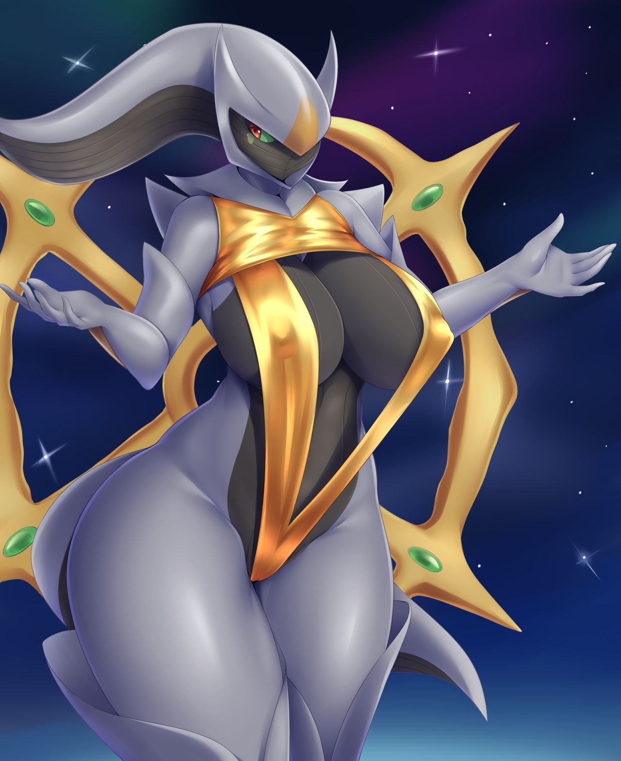 anthro, arceus, big hips, black body, breasts, cleavage, eyelashes, female, female only, female pokemon, game freak, green eyes, grey body, higher resolution available, hips, horns, humanoid, legendary pokemon, looking back, mleonheart, nintendo, nipple bulge, nipples, no artist signature, no mouth, no source, partially clothed, partially nude, pokémon (species), pokemon, pokemon (species), red eyes, revealing clothes, simple background, space, stars, tail, thick thighs, thighs, two-tone body