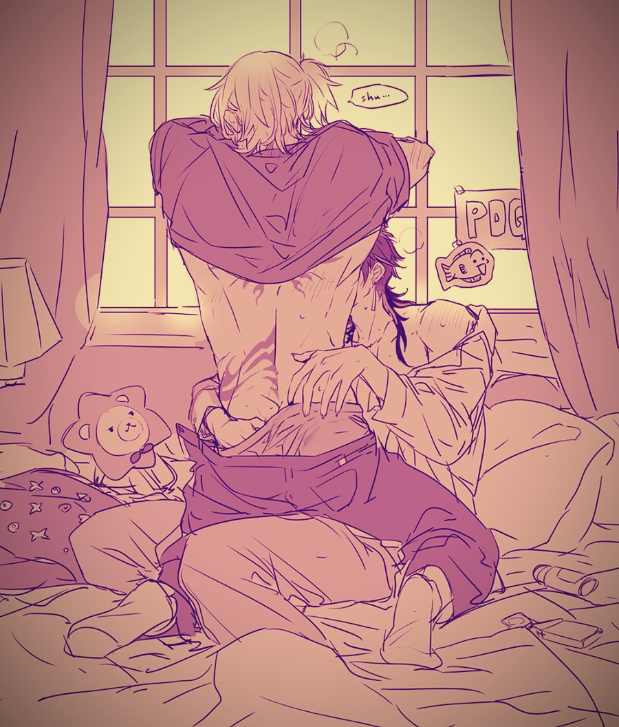 2boys, artist request, ass, ass crack, black hair, blonde hair, blush, butt crack, luca kaneshiro, male, male only, nijisanji, nijisanji en, pants, plushie, shoulder length hair, shu yamino, side ponytail, stripping, tagme, tattoos, virtual youtuber