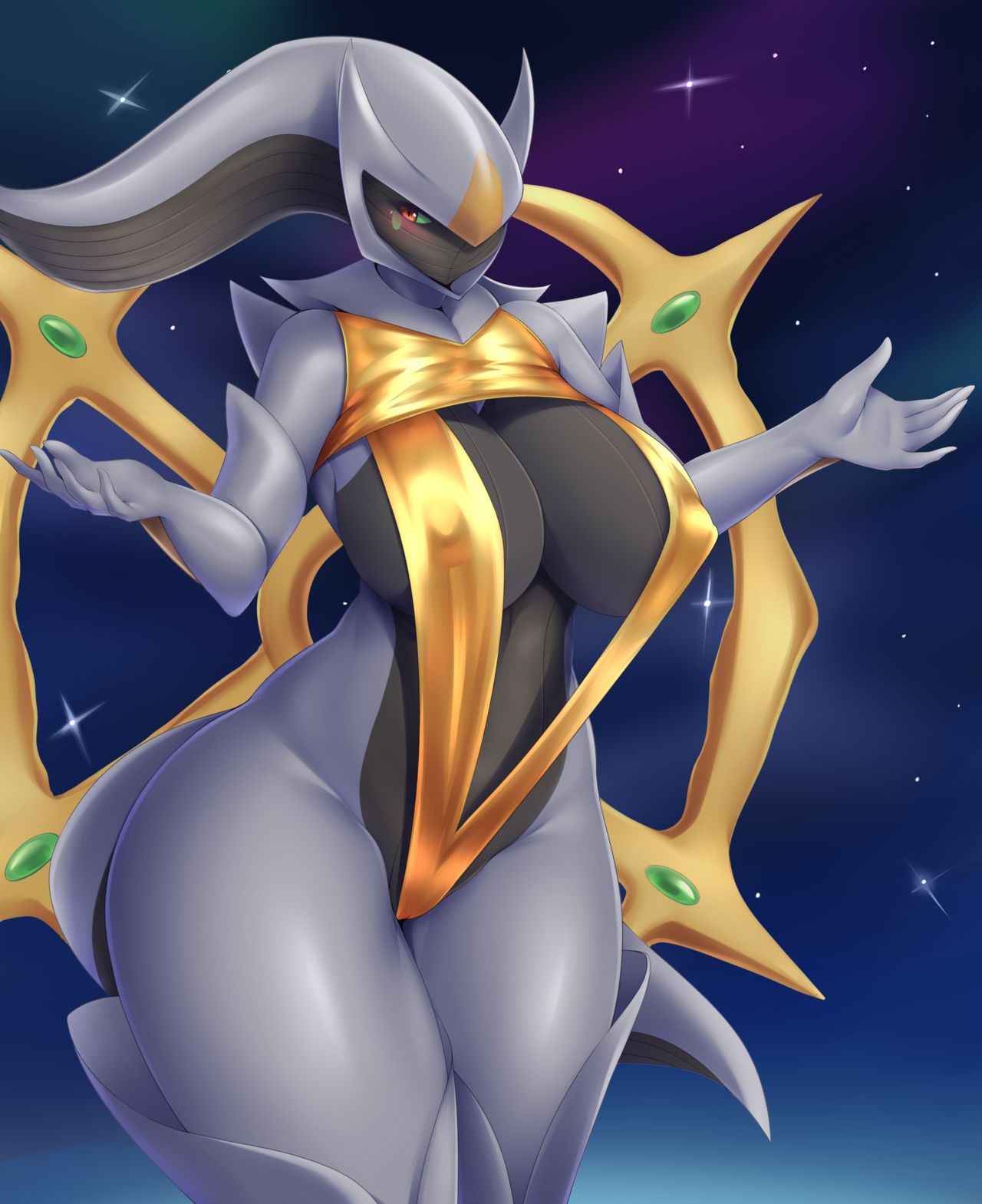 anthro arceus big_hips black_body blush breasts cleavage eyelashes female female_only female_pokemon game_freak green_eyes grey_body hips horns humanoid legendary_pokémon legendary_pokemon looking_back mleonheart nintendo nipple_bulge nipples no_mouth partially_clothed partially_nude phone phone_call pokémon_(species) pokemon red_eyes revealing_clothes simple_background space stars tail thick_thighs thighs two_tone_body