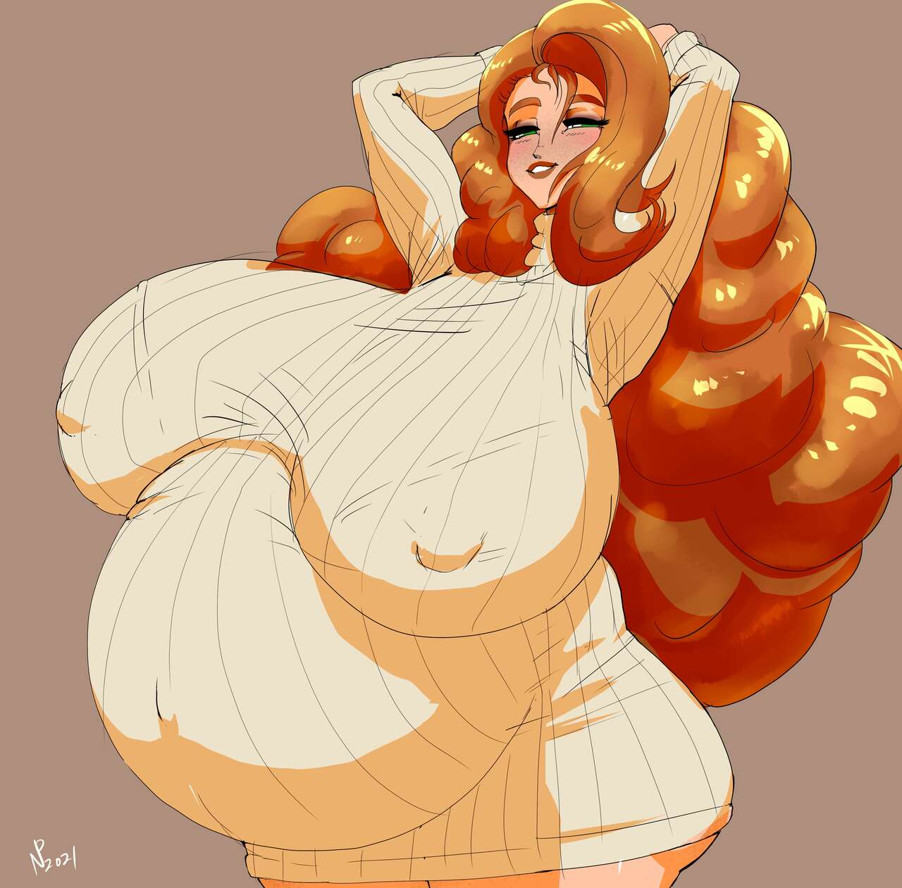 ass, breasts, cleavage, female, freckles, gausscannon, green eyes, huge ass, huge belly, huge breasts, lindsey mcallister, nipple bulge, pregnant, red hair, sagging breasts, venus body, wide hips
