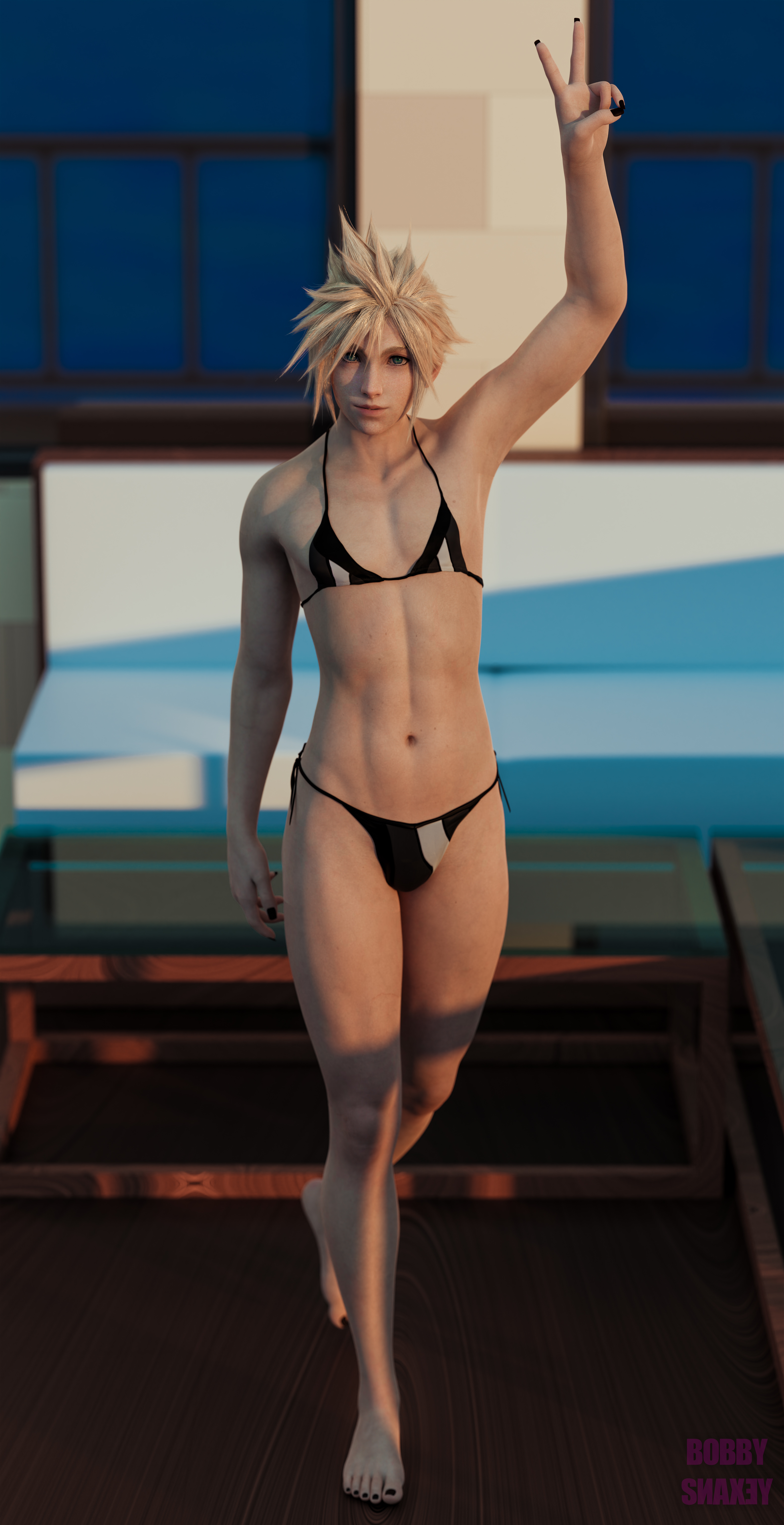 1boy, 3d, 3d (artwork), bikini, blender, blender (software), bobbysnaxey, cloud strife, crossdressing, feet, femboy, final fantasy, final fantasy vii, final fantasy vii remake, gay, girly, light skin, light-skinned femboy, light-skinned male, male, male only, peace sign, pinup, solo, swimsuit, thong, trap, twink, uncensored, yaoi