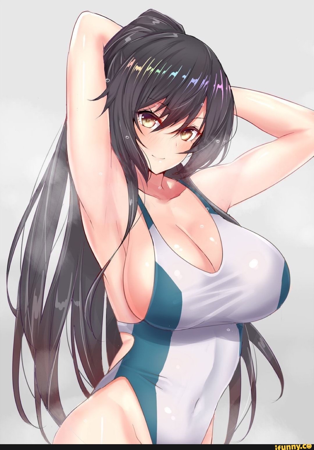 1girls armpit armpits arms_behind_head arms_up bangs big_breasts black_hair breasts busty cleavage closed_mouth competition_swimsuit curvy eye_contact female female_focus female_only highleg highleg_swimsuit idolmaster idolmaster_shiny_colors large_breasts light-skinned_female light_skin long_hair looking_at_viewer one-piece_swimsuit pov_eye_contact sankakusui_(deltawhite) shiny shiny_hair shiny_skin shirase_sakuya simple_background skin_tight smile smiling smiling_at_viewer solo solo_female solo_focus steam steaming_body swimsuit tagme upper_body very_long_hair voluptuous wet wet_body wet_skin white_swimsuit yellow_eyes