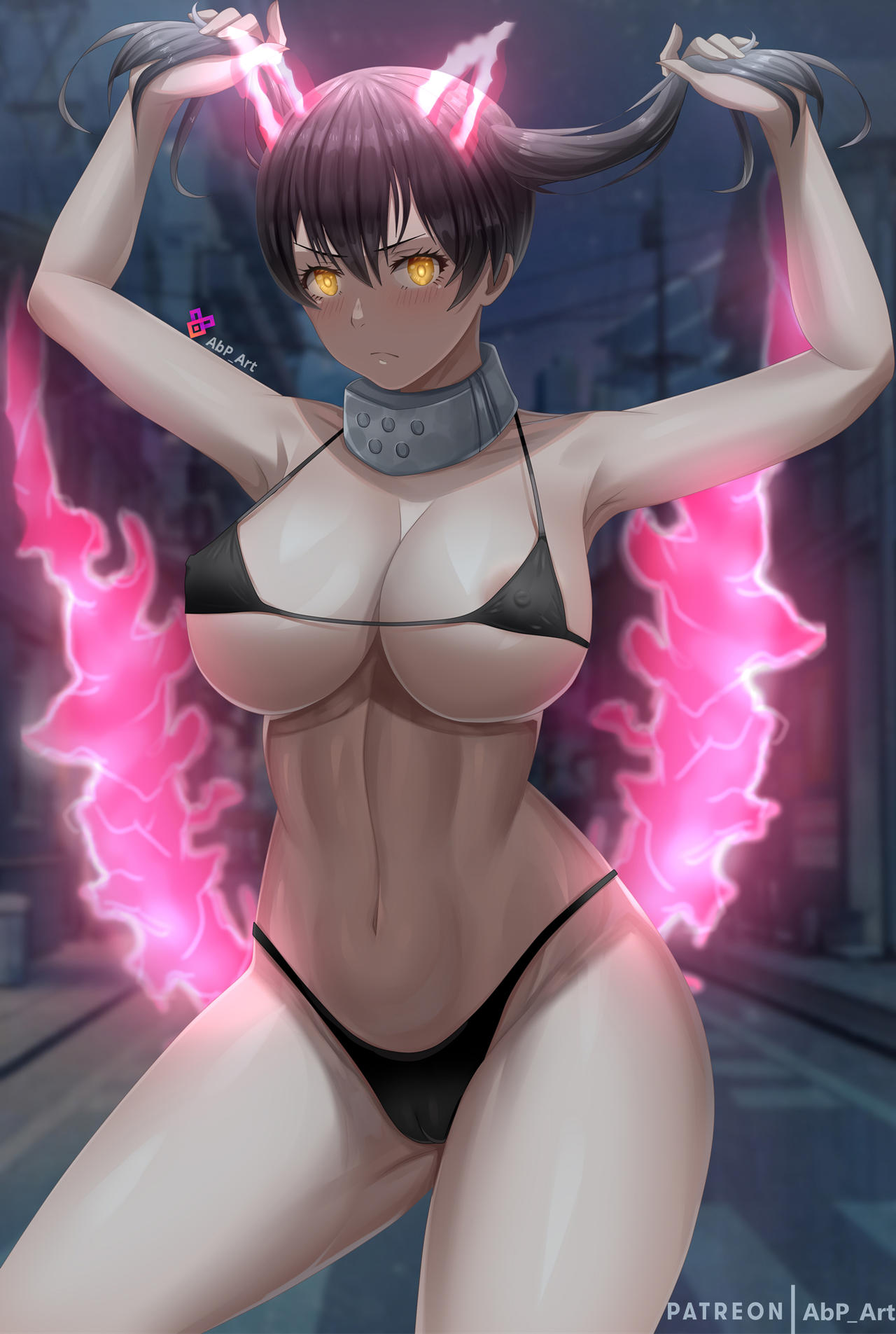 abp_art abs amber_eyes bikini black_hair cameltoe cleavage enen_no_shouboutai fire_force fit_female hourglass_figure huge_breasts kotatsu_tamaki