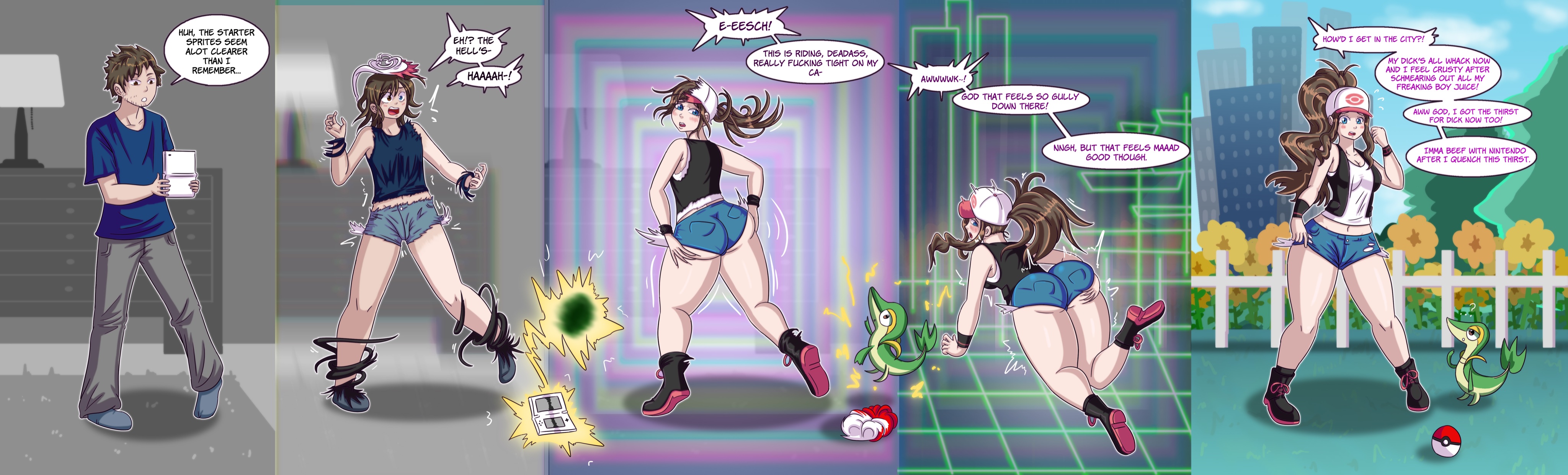 ass, ass expansion, bimbo, bimbofication, breast expansion, breast growth, breast growth (enlargement), breasts, brown hair, eye color change, gender transformation, genderswap, genderswap (mtf), hair growth, hilda (pokemon), huge ass, jean shorts, lime-tg, male, mtf transformation, pokemon, pokemon (species), rule 63, snivy, text, thigh expansion, transformation