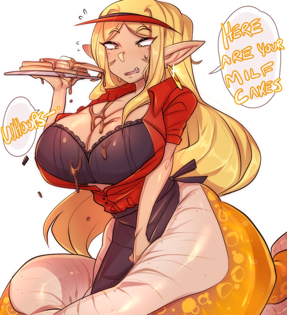 1girls apron big_breasts big_ears blonde blonde_hair bozo breasts busty butter dialogue egg english_text fangs female food inkbuns lamia long_hair looking_down milf monster_girl open_mouth pancake pancakes pointy_ears sharp_teeth short_sleeves solo speech_bubble sweat syrup text text_bubble white_background yellow_eyes yellow_hair