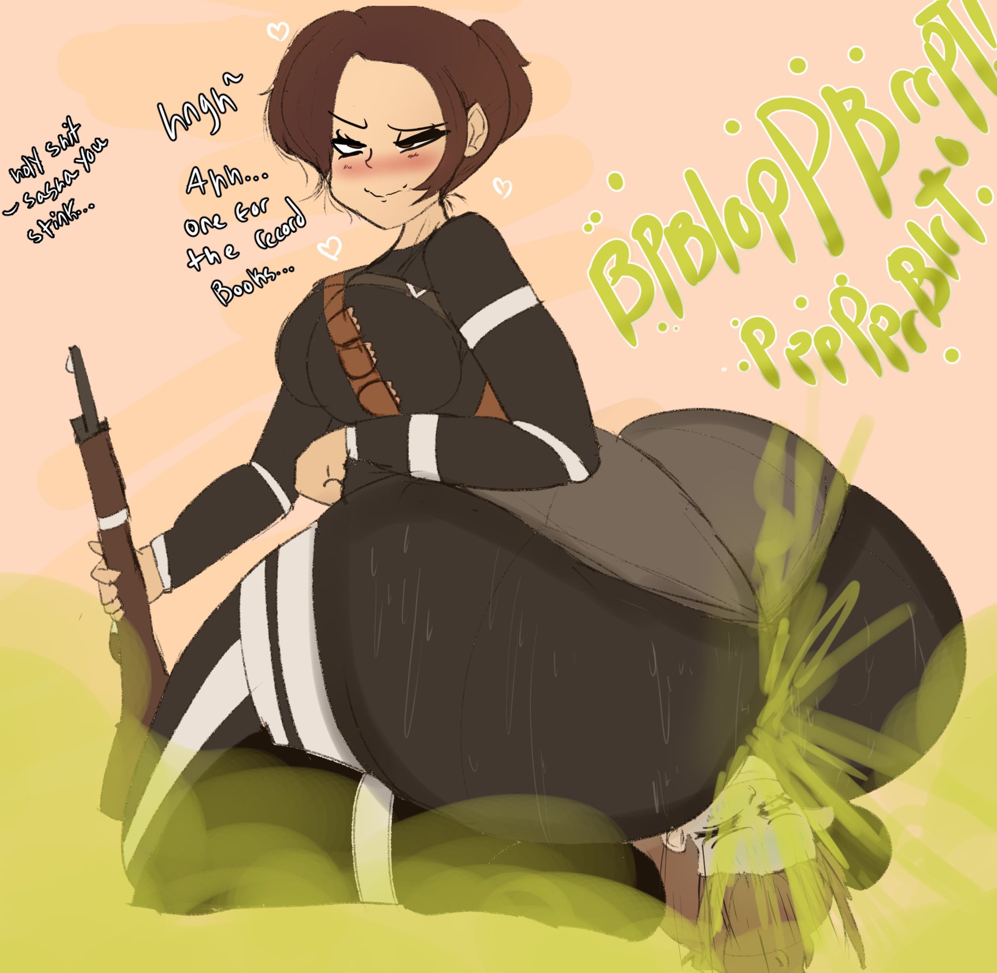 2girls, ass, ass on face, attack on titan, big ass, big butt, brown eyes, brown hair, enjoying farting, enjoying farts, facesitting, fart, fart cloud, fart fetish, farting, farting in face, female, gabi braun, gun, heart, looking pleasured, melissaalli, multiple females, multiple girls, one eye closed, pointy ears, sasha braus, shingeki no kyojin, smile, sweat, taped mouth, text, thick thighs, yuri