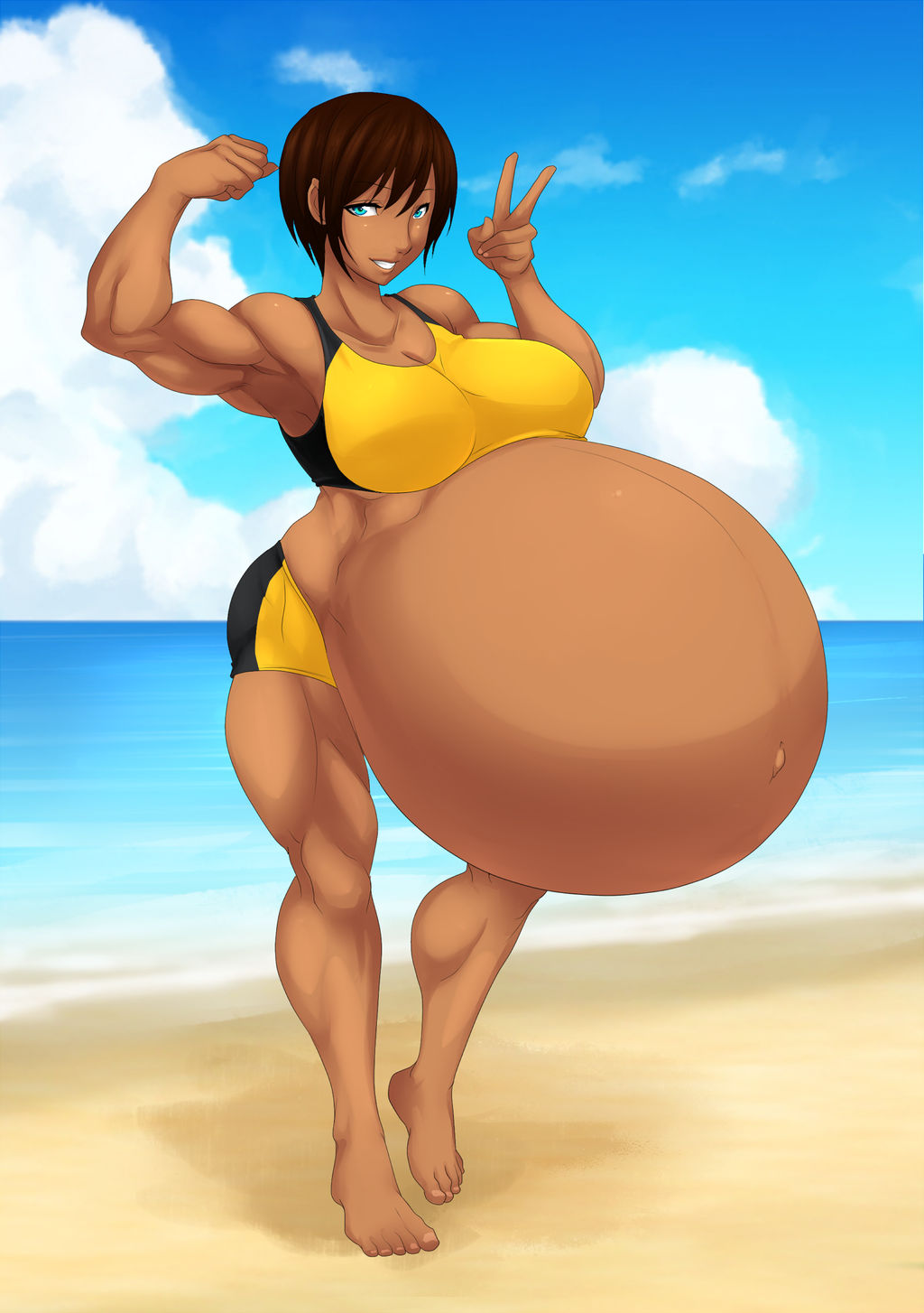 1girls barefoot beach belly big_belly big_breasts black_hair breasts clothed clothed_female dark-skinned_female dark_skin female female_only flexing huge_belly hyper hyper_pregnancy midriff muscular muscular_female non-nude pregnant saburox short_hair solo standing swimsuit tagme tomboy