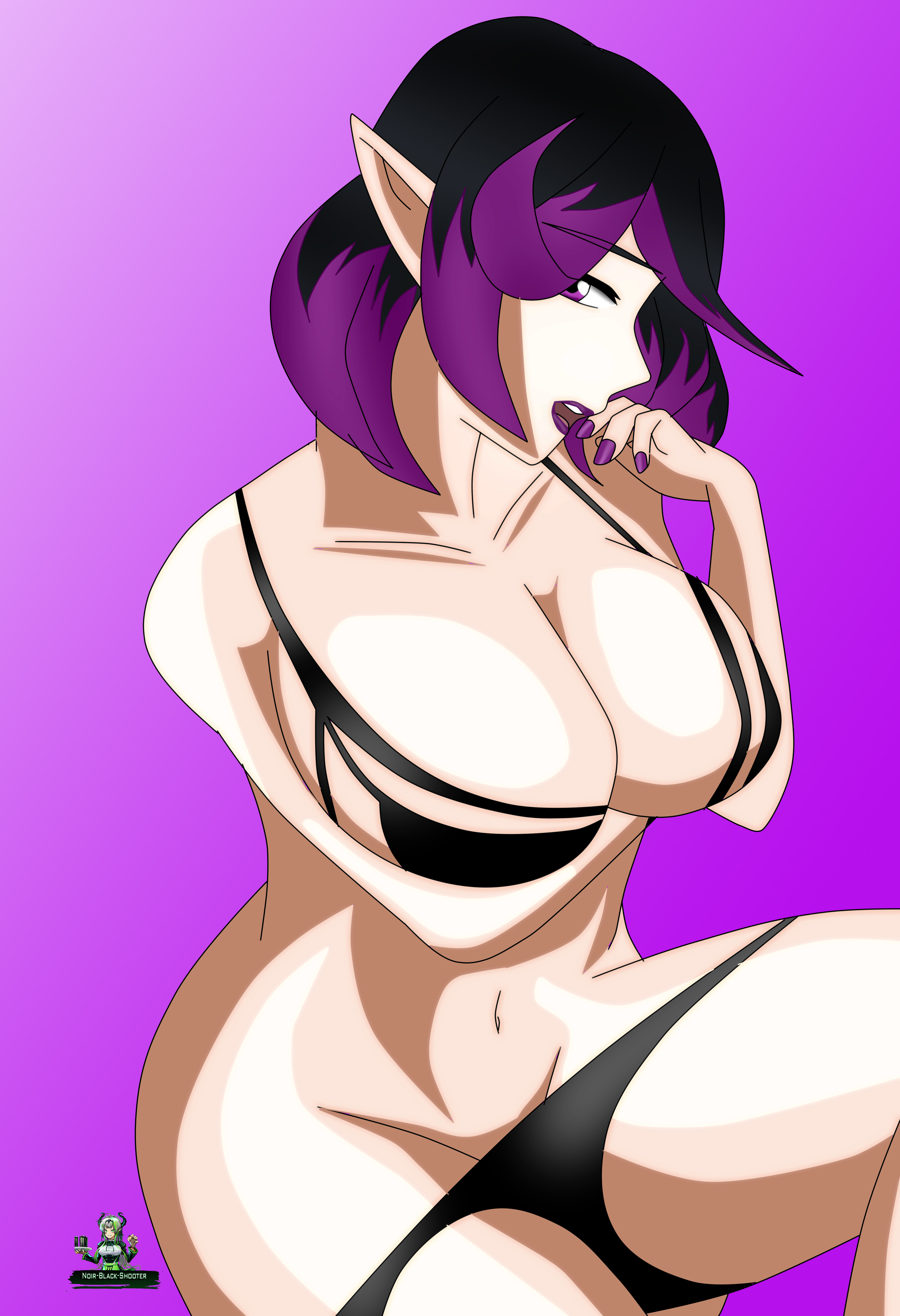 2d, big breasts, bikini, black hair, black legwear, bra, breasts, elf, elf ears, eyebrows visible through hair, female, female only, noir-black-shooter, paladins, panties, panties down, pointy ears, purple hair, revealing clothes, seductive, seductive eyes, seductive look, seductive mouth, seductive smile, short hair, simple background, skimpy, skimpy bikini, skimpy clothes, skye (paladins), solo, solo female