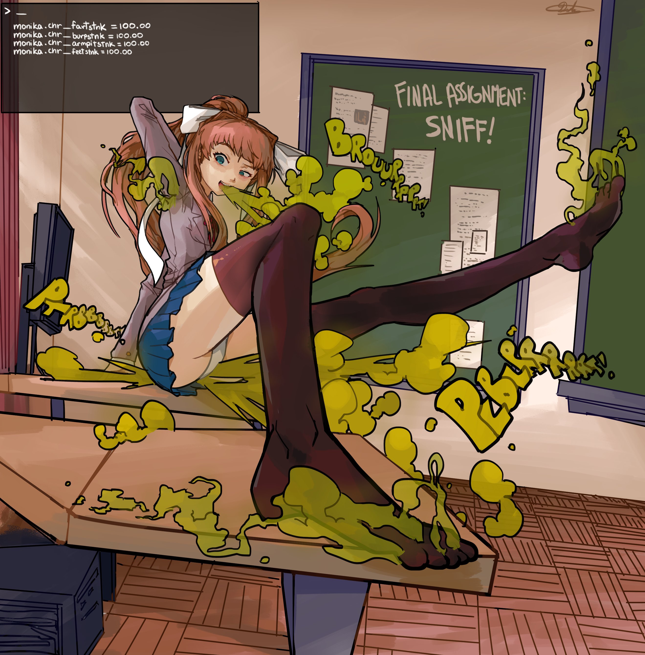ass, burp, burp fetish, burping, doki doki literature club, fart, fart cloud, fart fetish, farting, female, foot fetish, monika (doki doki literature club), panties, pink hair, skirt, smelly armpits, smelly feet, stink lines, stinky feet, upskirt, usagaijin