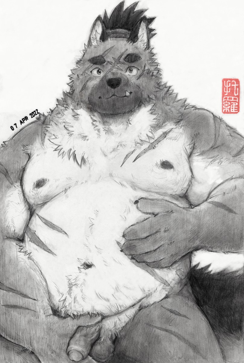 2022 anthro balls belly big_belly canid canine canis cute_fangs dated domestic_dog felixleong flaccid foreskin fur genitals hi_res holding_penis humanoid_genitalia kemono lifewonders male mammal monochrome moobs multicolored_body multicolored_fur musclegut nipples nude overweight overweight_anthro overweight_male penis presenting presenting_penis pubes scar smile solo tokyo_afterschool_summoners toronoeroaka traditional_media_(artwork) two_tone_body two_tone_fur video_games yasuyori