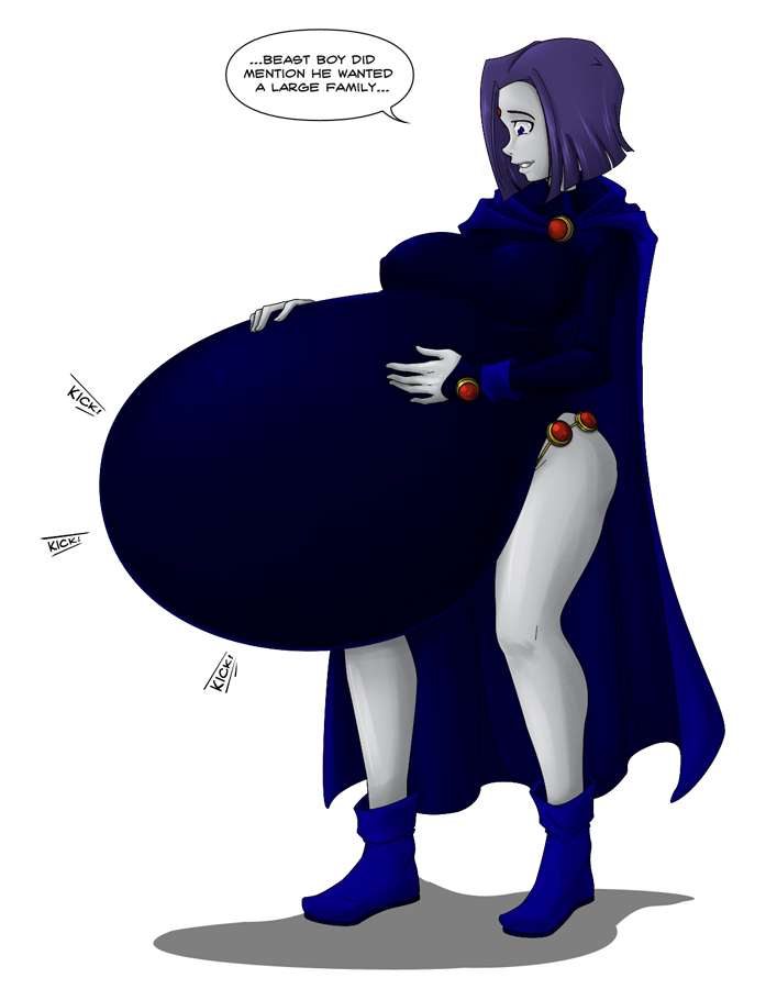 1girls belly big_belly big_breasts breasts dc_comics dialogue female female_only fetal_movement grey_skin hyper_pregnancy massive_belly nipple_bulge pregnant purple_hair rachel_roth raven_(dc) saburox speech_bubble teen_titans