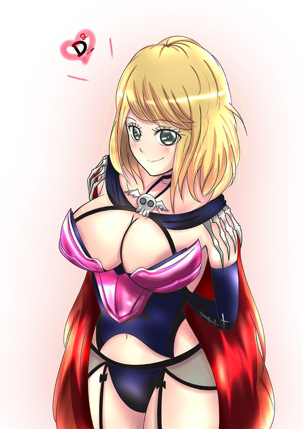 1girls 2022 blonde blonde_hair cape cleavage dokkan_doodle female female_focus female_only hd heart lingerie love_after_world_domination magahara_desumi necklace nude nudity panties skull thong