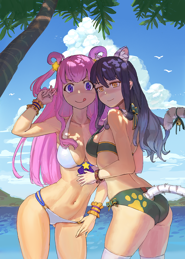 2girls :q animal_ears ass back bangs bell bikini black_hair bow bracelet breasts cleavage clothing_cutout collarbone contrapposto eyebrows_visible_through_hair gradient_hair green_bikini hair_ornament hair_rings halterneck hatsune_(princess_connect!) jewelry jingle_bell long_hair looking_at_viewer medium_breasts midriff multicolored_hair multiple_girls navel ocean palm_tree paw_print pawprint pink_hair princess_connect! purple_eyes rikuhito_juusan shiori_(princess_connect!) sidelocks smile star_(symbol) star_hair_ornament strap_gap swimsuit tail tail_through_clothes thighhighs thighs tiger_ears tiger_girl tiger_tail tongue tongue_out tree two_side_up v-shaped_eyebrows white_bikini white_legwear wrist_cuffs yellow_eyes