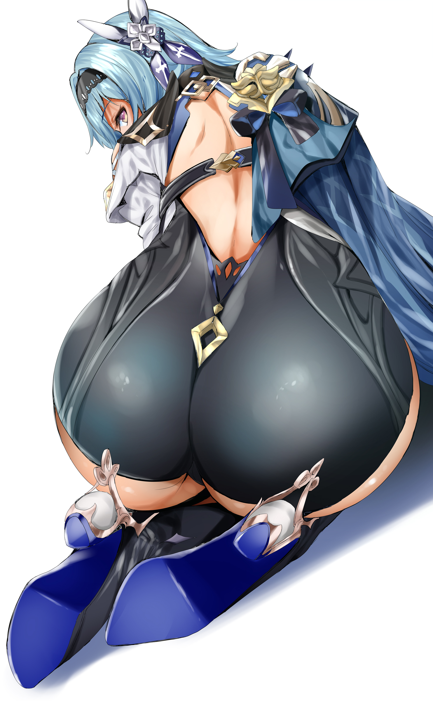 1girls, 2022, ass, ass focus, ass shot, back, back view, backless outfit, bad id, big ass, blue hair, clothed, clothed female, eula (genshin impact), female, female only, fumihiko (pixiv2658856), genshin impact, hair ornament, heels, hi res, high heels, huge ass, kneeling, long hair, looking at viewer, looking back, looking over shoulder, purple eyes, simple background