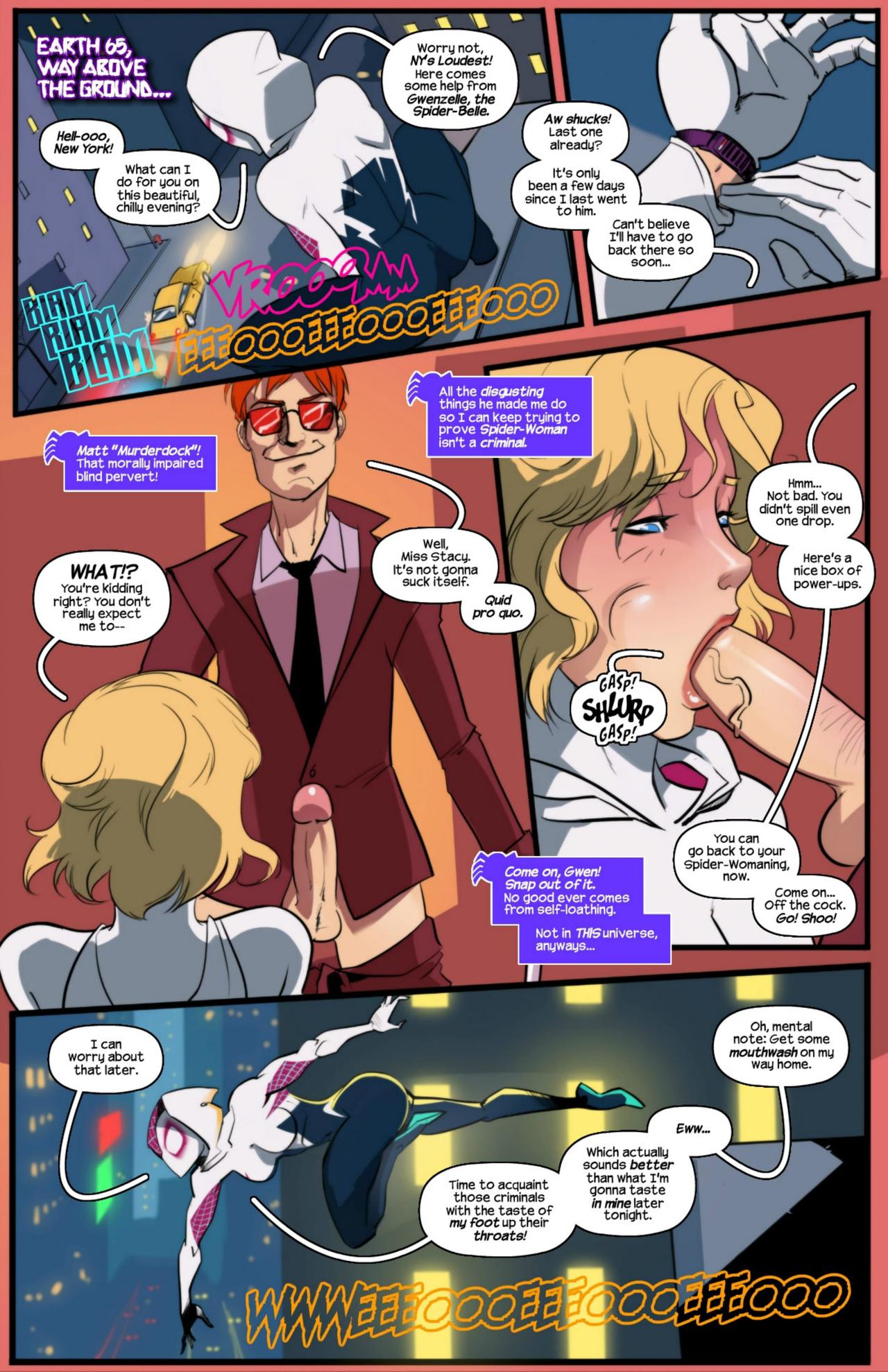 1girls blackmail blonde_hair blowjob blue_eyes cheek_bulge comic daredevil_(series) english english_text fellatio female ginger_hair glasses gwen_stacy male marvel marvel_comics matt_murdock orange_hair penis speech_bubble spider-gwen tinkerbomb tracyscops