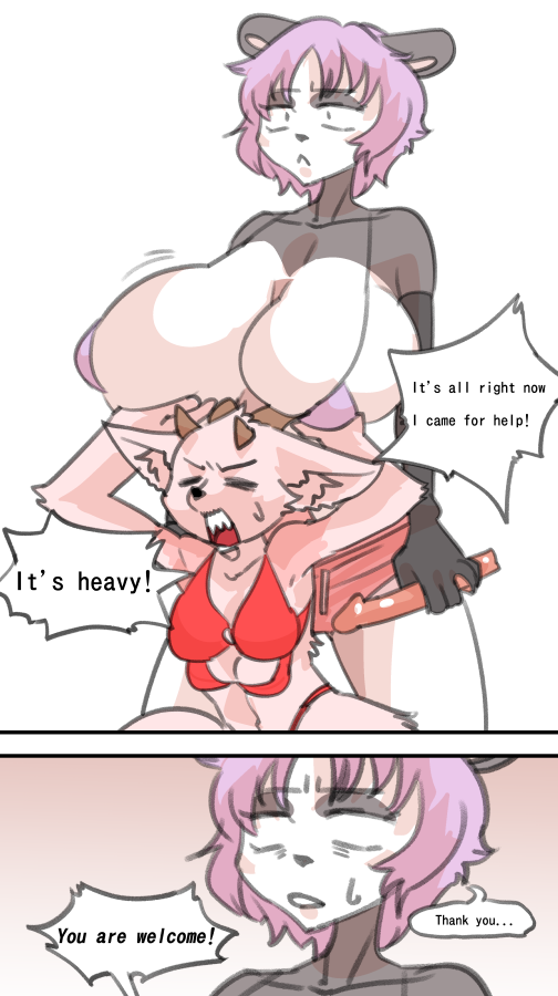 2022 2koma 4_breasts 4_horns :< anthro armwear bare_shoulders big_breasts bikini bikini_top biped black_armwear black_body black_clothing black_elbow_gloves black_fur black_gloves black_handwear black_nose bottomwear breasts brown_horn cleavage closed_eyes clothed clothing comic dialogue digital_media_(artwork) dildo elbow_gloves english_text felid feline female fur giant_panda gloves hair handwear holding_breast holding_dildo holding_object holding_sex_toy horn hotpants huge_breasts inner_ear_fluff kazuhiro kemono mammal monotone_body monotone_fur motion_lines mouth_closed multi_breast multi_horn multicolored_body multicolored_fur open_mouth pink_body pink_bottomwear pink_clothing pink_dildo pink_fur pink_shorts purple_hair raised_arms red_bikini sex_toy sharp_teeth short_hair shorts solo speech_bubble swimwear teeth text tuft two_tone_body two_tone_fur ursid white_body white_fur