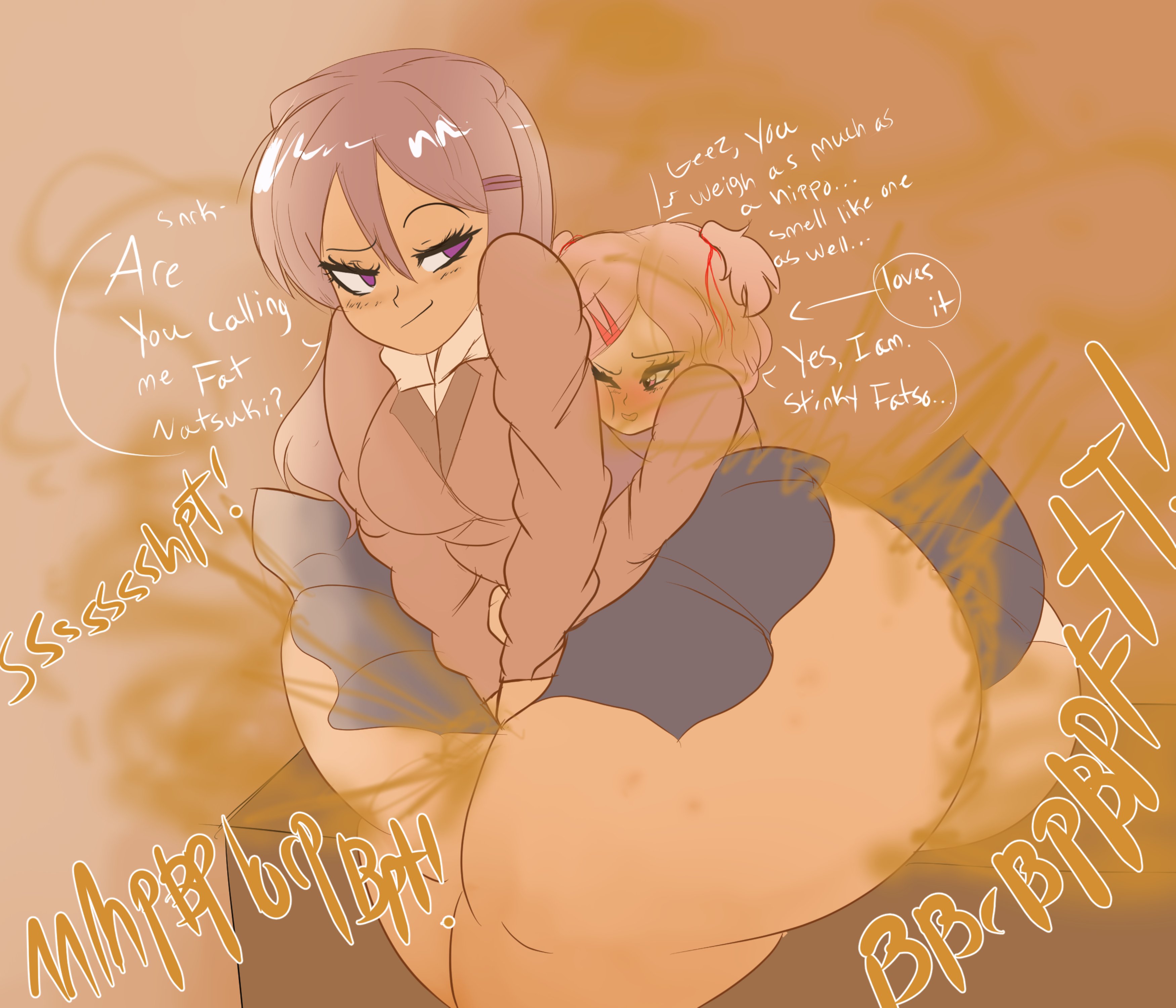 2girls, ass, big ass, big butt, blush, brap, doki doki literature club, enjoying farts, fart, fart cloud, fart fetish, farting, female, hands between legs, melissaalli, multiple females, multiple girls, natsuki (doki doki literature club), panties, pink eyes, pink hair, purple eyes, purple hair, short hair, sitting, sitting on lap, skirt, smile, text, thick thighs, white panties, yuri, yuri (doki doki literature club)
