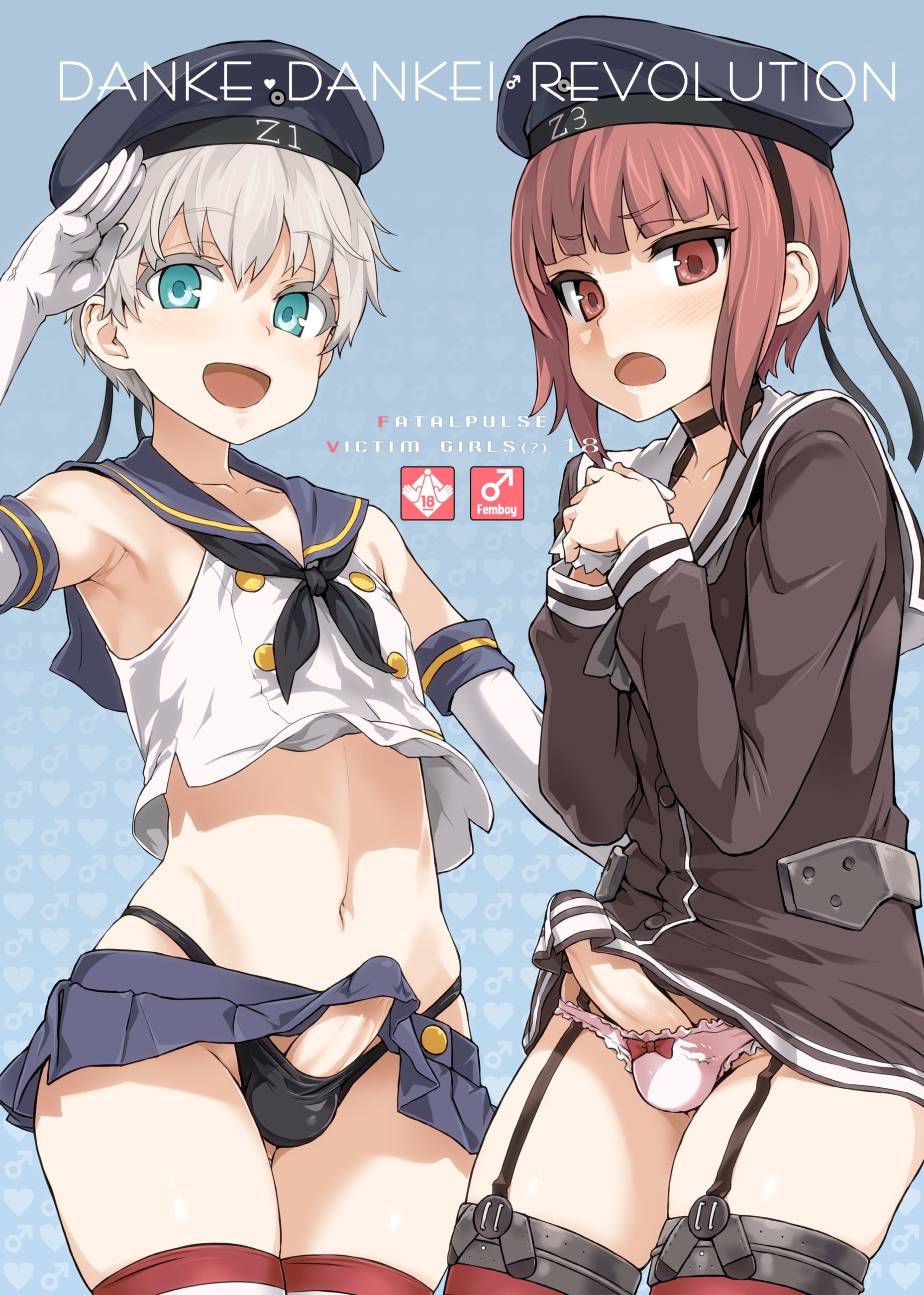 :d, 2boys, amatsukaze (kantai collection) (cosplay), androgynous, asanagi, bare shoulders, black panties, blue background, blue eyes, blush, bow, bow panties, choker, clothes writing, collarbone, cosplay, cover, cover page, crop top, crossdressing, doujin cover, elbow gloves, erection, erection under clothes, femboy, garter straps, gloves, hands together, hat, heart, highleg, highleg panties, highres, kantai collection, long sleeves, male, male only, mars symbol, multiple boys, multiple males, navel, open mouth, panties, penis, penis under skirt, pink male symbol, pink panties, red eyes, red hair, rule 63, sailor dress, sailor hat, sailor uniform, school uniform, serafuku, shimakaze (kantai collection) (cosplay), short hair, silver hair, simple background, sleeveless, smile, stockings, striped, striped legwear, thighhighs, trap, underwear, whale tail, white gloves, z1 leberecht maass (kantai collection), z3 max schultz (kantai collection)