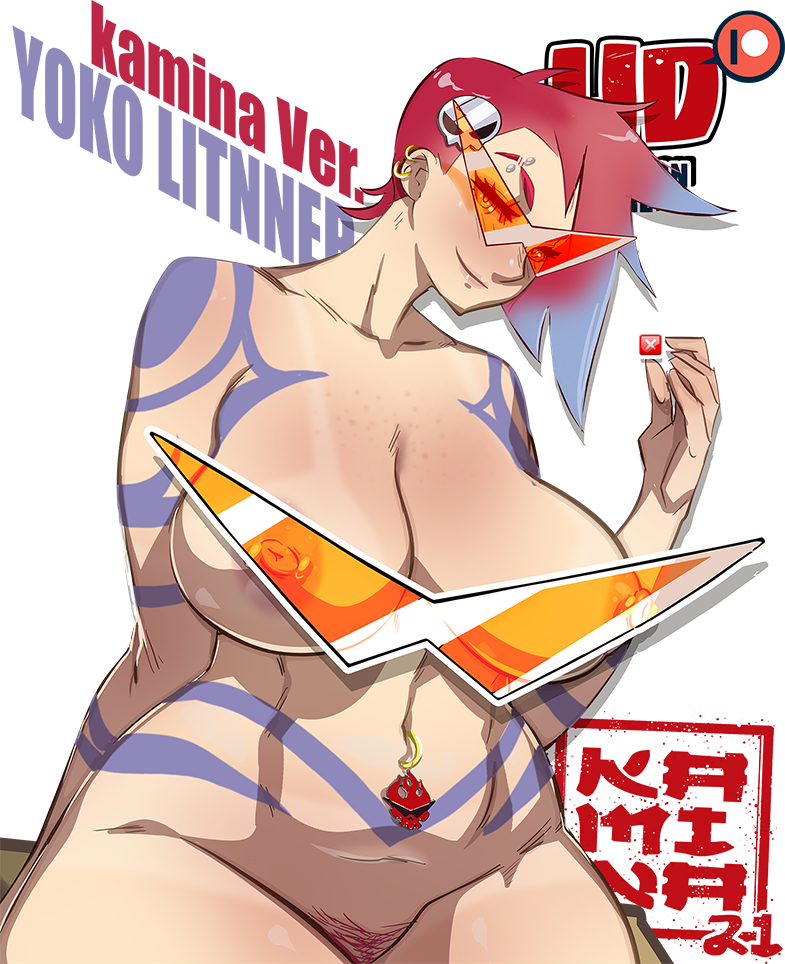 big_breasts blush cleavage completely_nude ear_piercing eyebrow_piercing facial_piercing female female_only freckles fusion hair_ornament hairclip kamina kamina1978 kamina_(cosplay) kamina_shades looking_at_viewer navel_piercing nipple_piercing nude orange-tinted_eyewear pubic_hair red_hair rule_63 short_hair smile solo spiky_hair sunglasses tanline tattoos tengen_toppa_gurren_lagann text thick_thighs tinted_eyewear two_tone_hair wide_hips yoko_littner