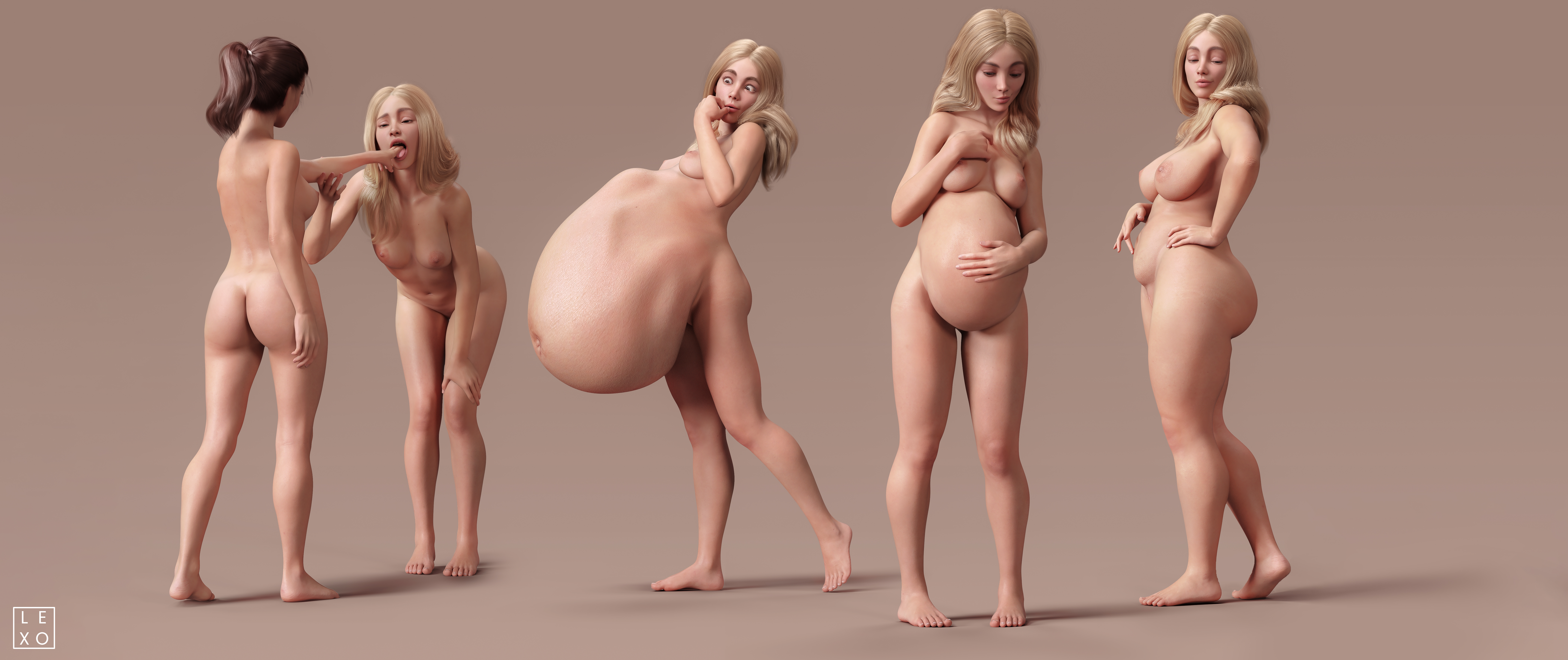 2girls, 3d, ass growth, belly, big belly, breast growth, breasts, digestion, female, lexogenki, medium breasts, nipples, oral vore, overweight, overweight female, post-vore, rapid digestion, same size vore, sequence, small breasts, vore, weight gain