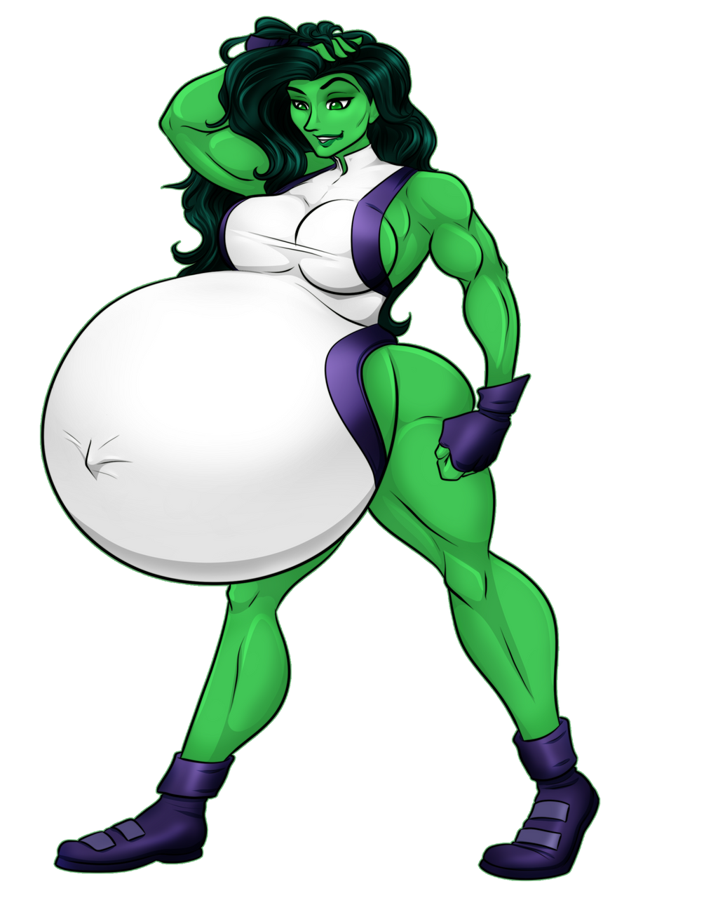 1girls belly big_belly big_breasts female female_only green_skin huge_belly hulk_(series) hyper_pregnancy leotard marvel marvel_comics muscular muscular_female pregnant riddleaugust she-hulk solo