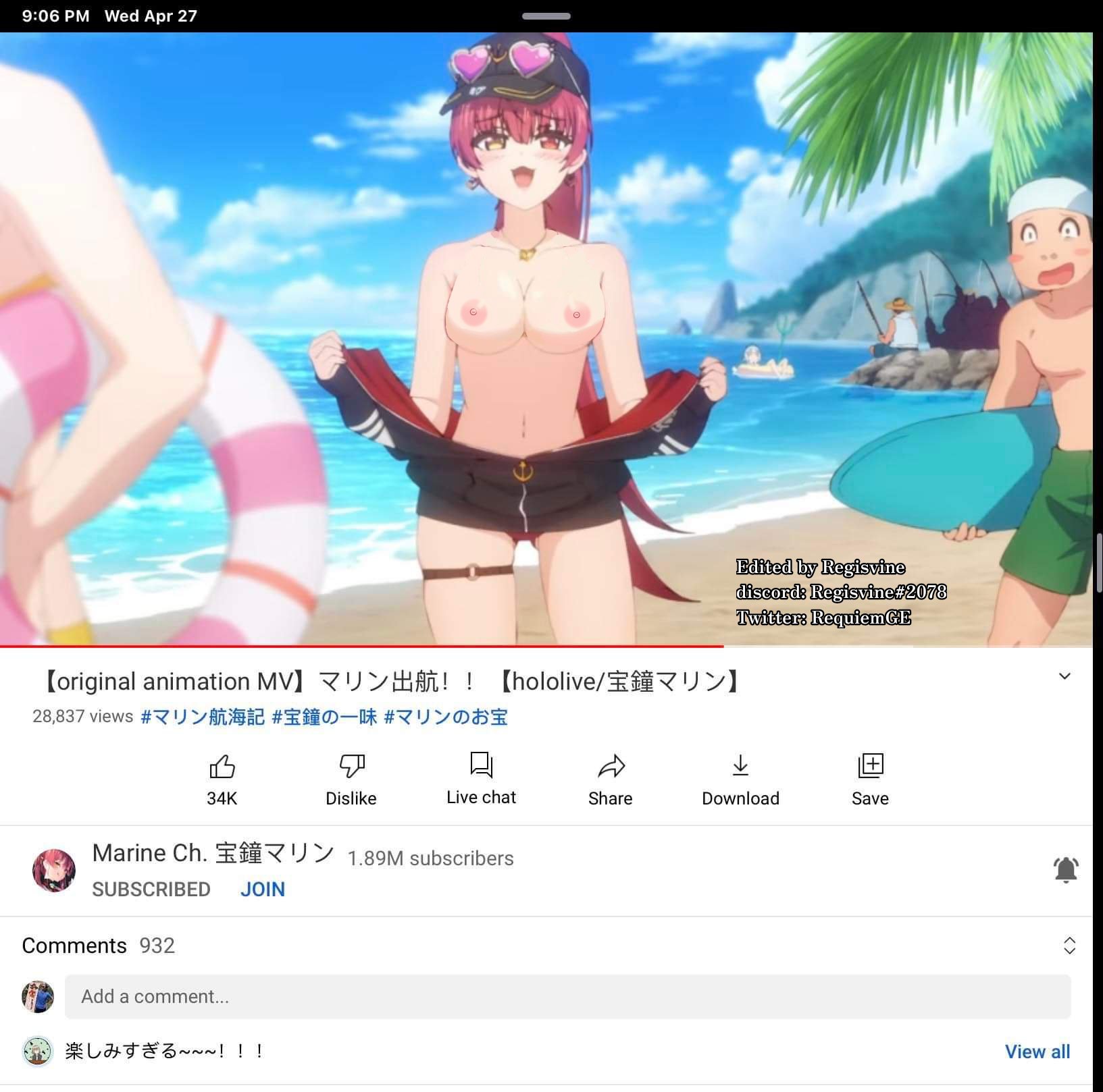 2boys, artist signature, breasts, clouds, discord tag, eyebrows visible through hair, female, gawr gura, heterochromia, hololive, hololive english, hololive fantasy, hololive japan, hololive myth, houshou marine, japanese text, male, ninomae ina'nis, nipples, nude edit, nude filter, red eyes, red hair, regisvine2078, sea, stripping, twitter username, virtual youtuber, yellow eyes, youtube