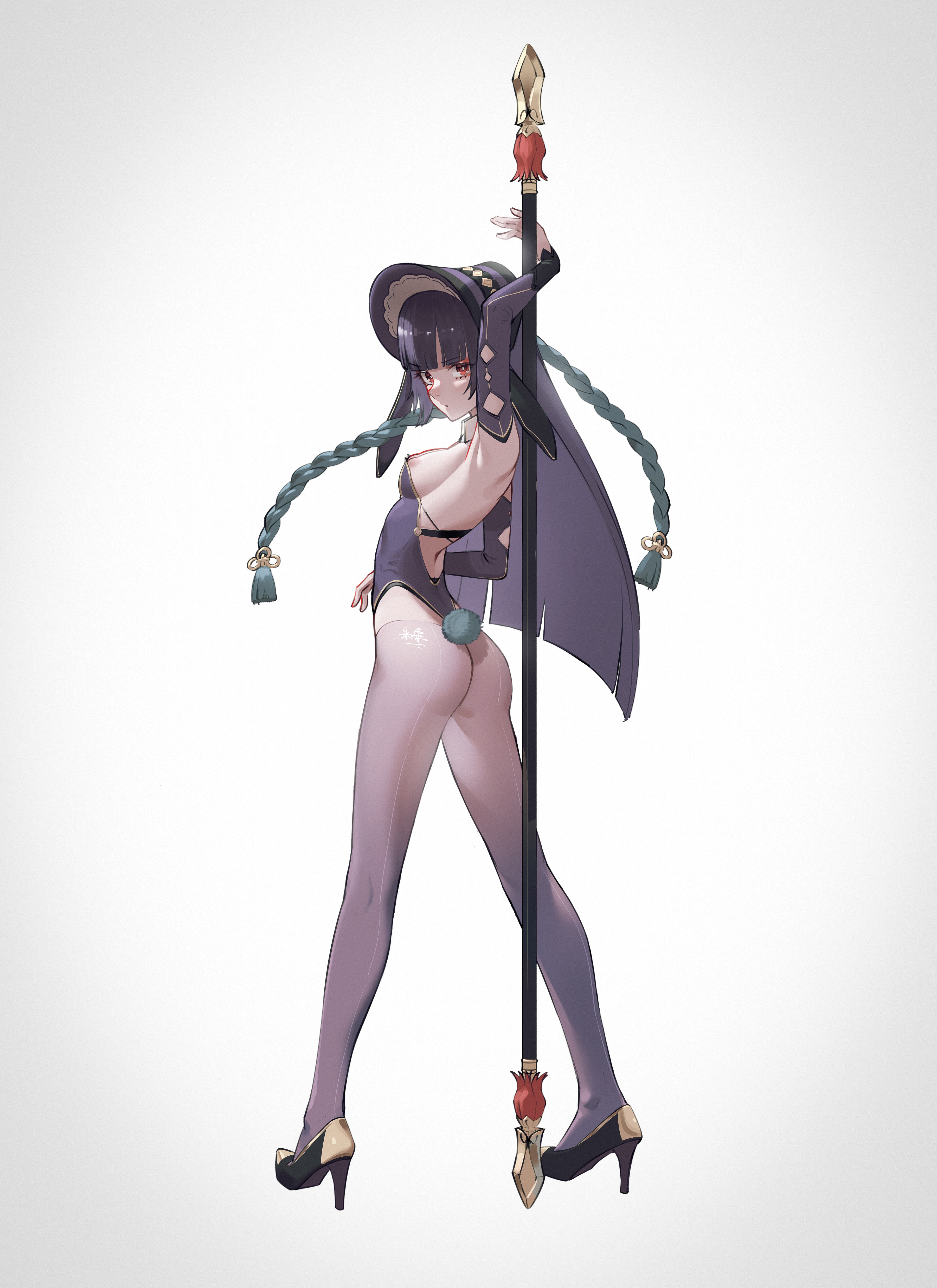 1girls, alternate costume, areolae, armpits, ass, back, back view, blunt bangs, bonnet, breasts, bunny girl, bunny tail, chunai zhanshen milili, detached sleeves, fake tail, female, full body, genshin impact, heels, high heels, hip vent, leotard, light skin, light-skinned female, medium breasts, nipple slip, pantyhose, pole, polearm, purple hair, rabbit tail, red eyes, revealing clothes, sideboob, slim, solo, tail, weapon, yun jin (genshin impact)