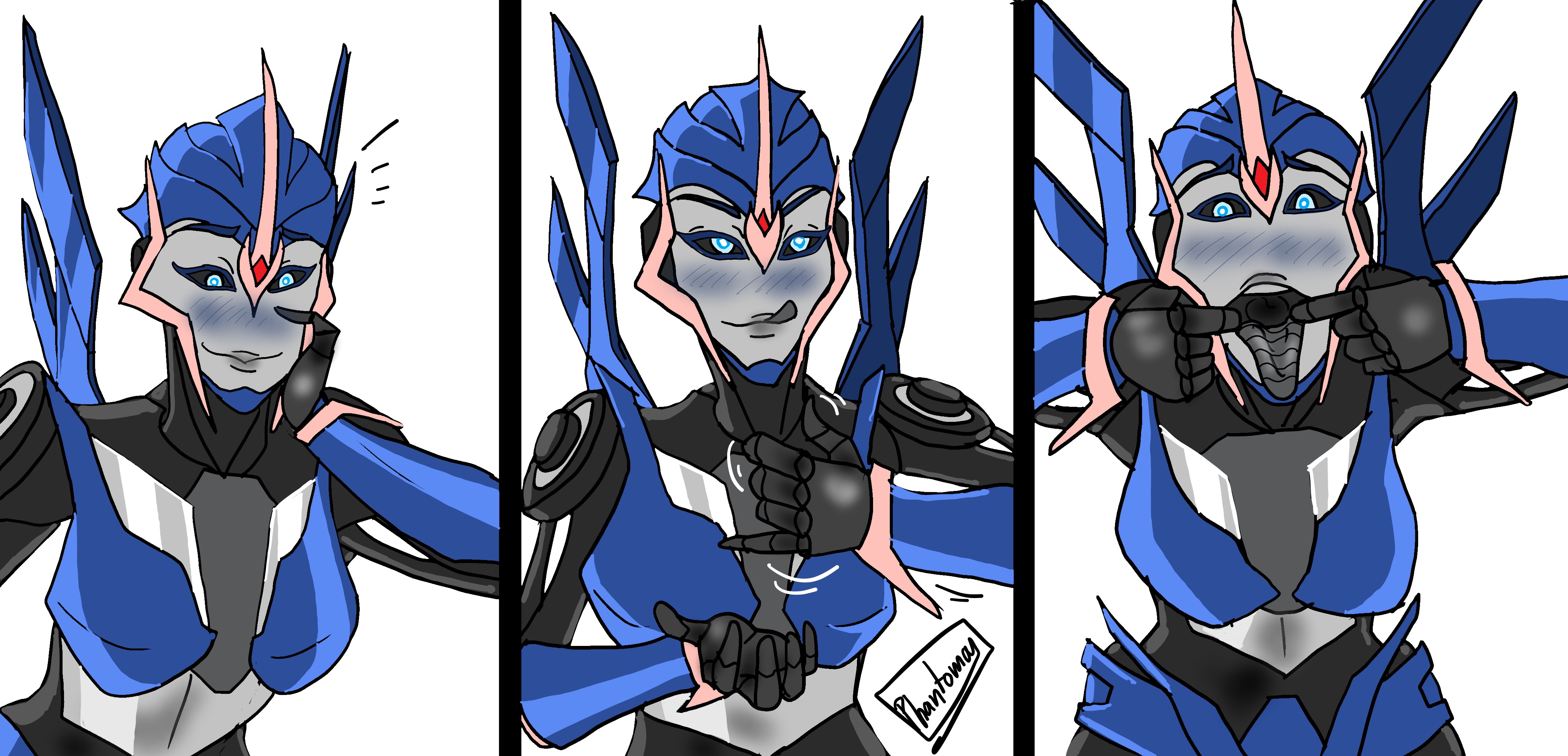 1girls, 2d, 2d (artwork), 3koma, arcee, arcee (prime), artist name, bedroom eyes, blush, clothed, female, female only, handjob gesture, horny, imminent oral, imminent sex, inviting to sex, open mouth, phantomas (artist), robot, robot girl, self upload, solo, suggestive, transformers, transformers prime