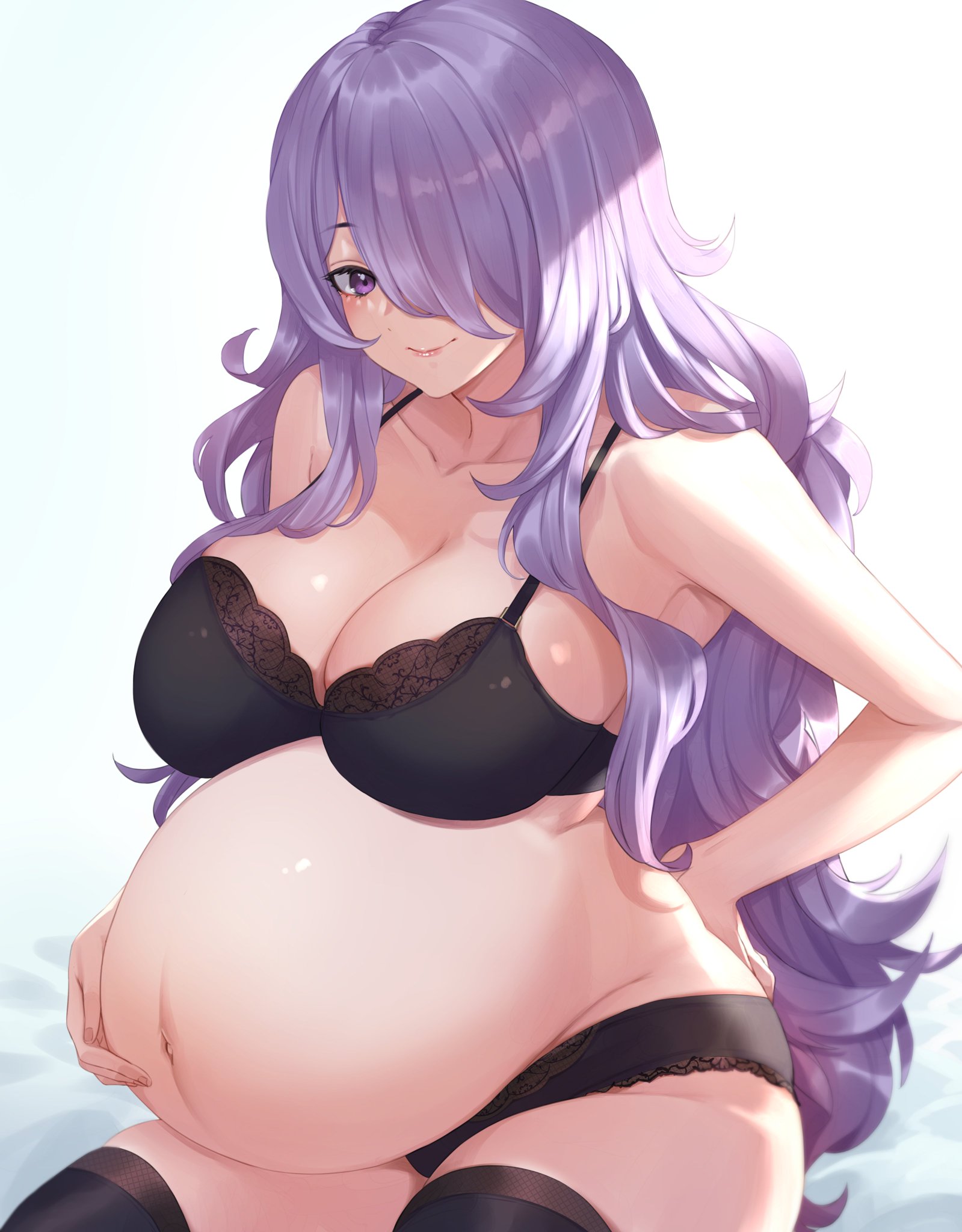 big breasts, black bra, black legwear, black panties, black thighhighs, bra, breasts, camilla (fire emblem), cleavage, female, female only, fire emblem, fire emblem fates, hair over one eye, hand on belly, hand on hip, lace-trimmed bra, lace-trimmed panties, large breasts, long hair, looking at viewer, panties, pregnant, purple eyes, purple hair, ritdelba, ritence, sitting, smile, solo, thick thighs