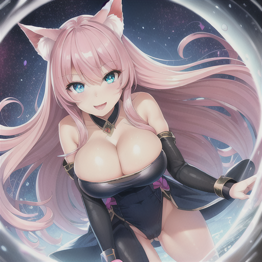 ai_generated animal_ears ass_visible_through_thighs big_breasts blue_eyes blush bodysuit cosplay fit_female happy hi_res leather long_hair necklace night night_background original_character overflowing_breasts pink_hair sleeves slim_waist smile thick_ass thick_thighs user_lovespike